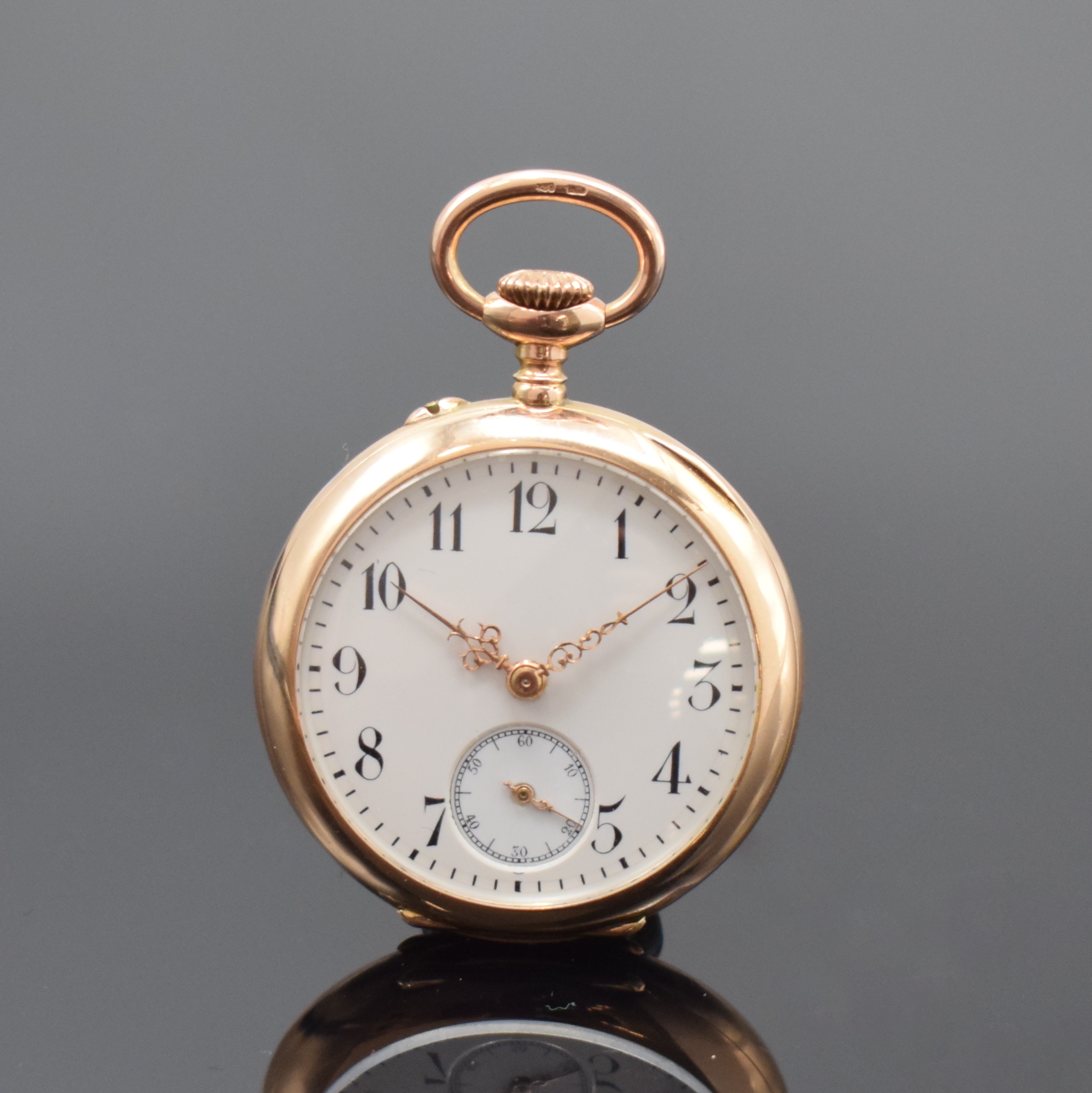 UNION GLOCKE seltene, offene Damentaschenuhr in RG 585/000, Schweiz/Deutschland um 1910, guill. Lucia-Geh., Rückdeckel m. grav. Monogramm, 2-teil. ...