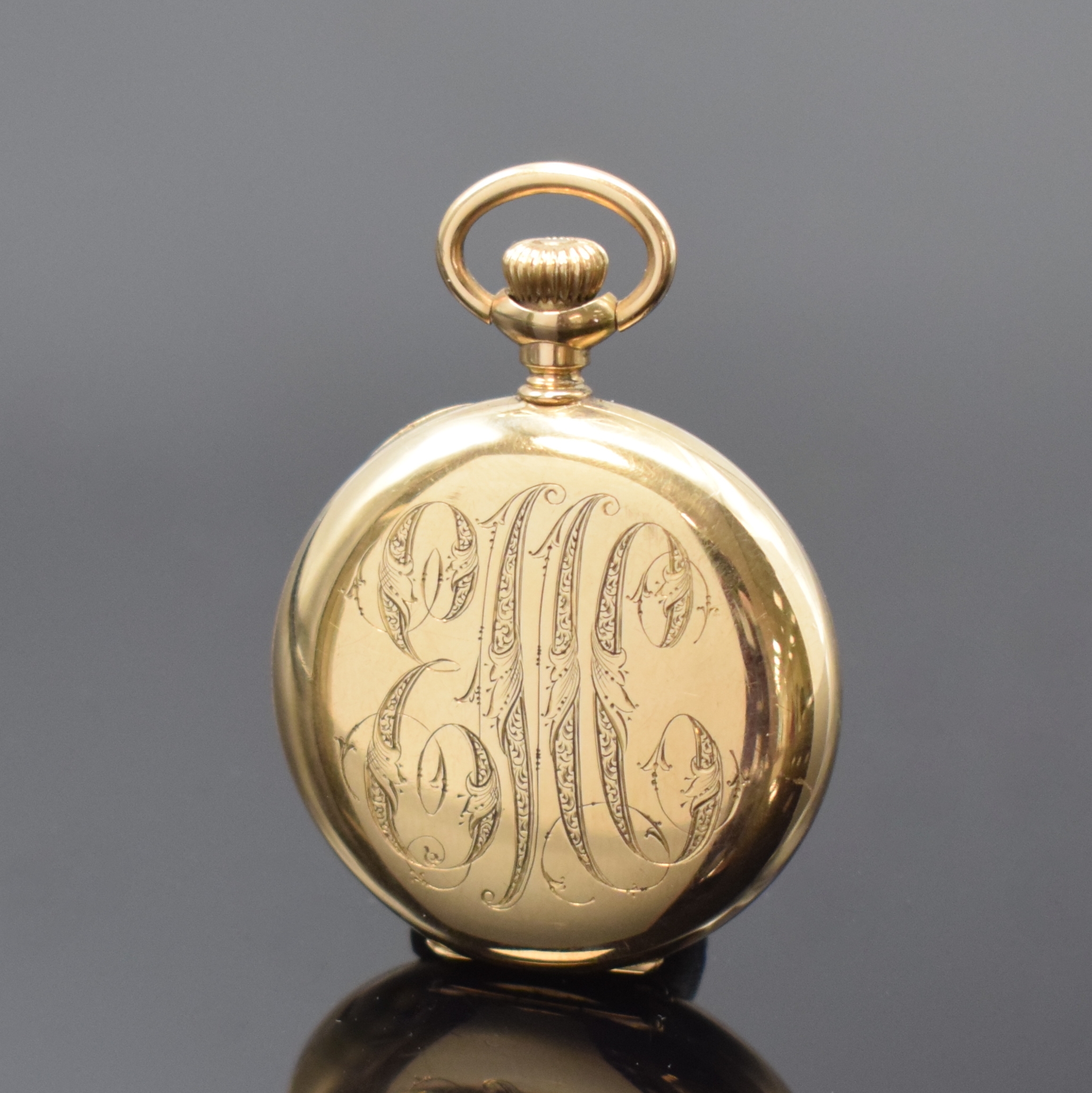 Detail b: ELGIN Damensavonette in GG 585/000, USA um 1900, glattes 3-Deckel Goldgeh., Sprungdeckel m. Schmuckmonogramm, 2-tlg. Emailzifferbl., röm. Zahlen, ...