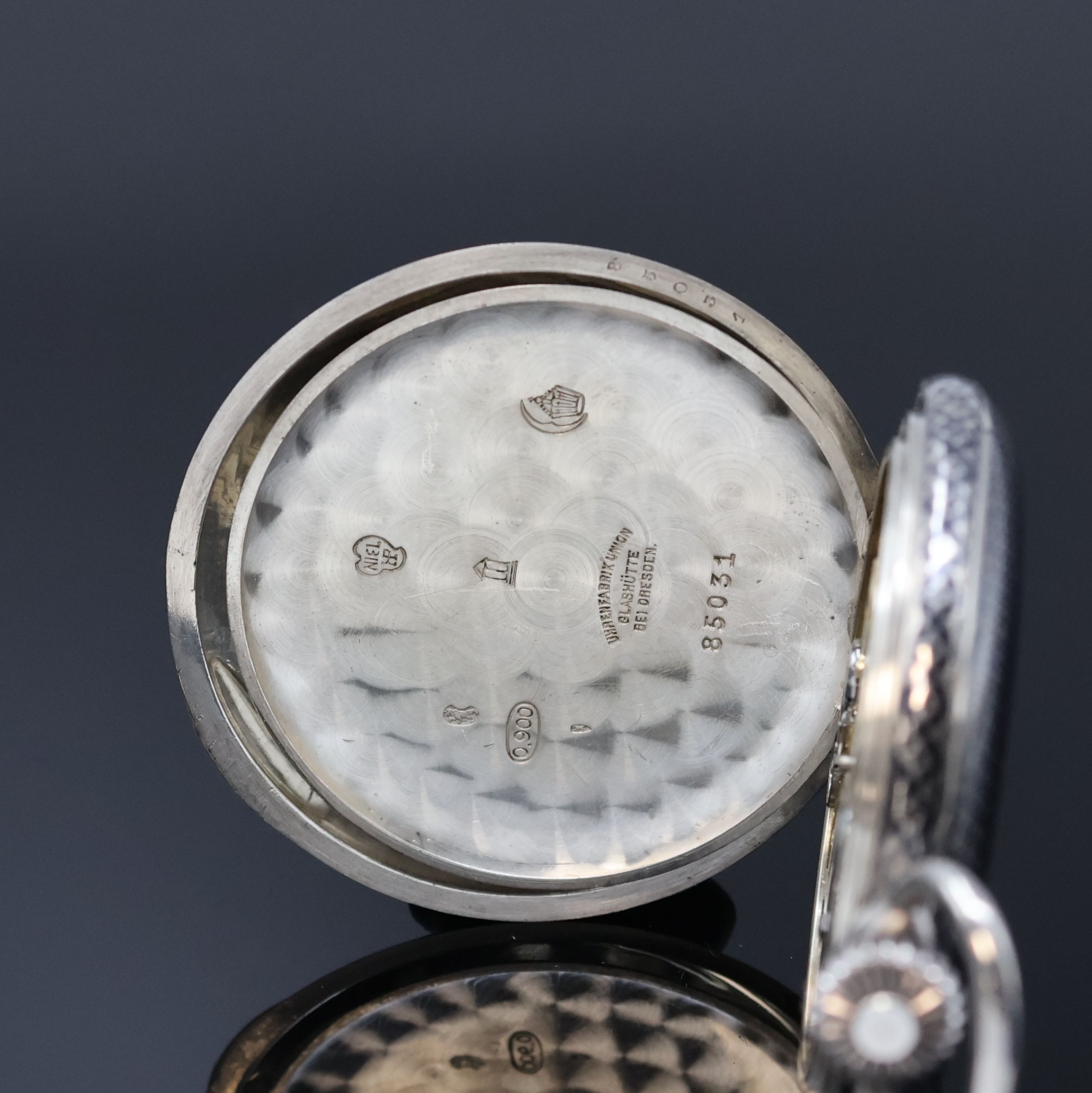 Detail e: UHRENFABRIK UNION Glashütte/Sa. seltene Tula- Silber Herrensavonette, Deutschland um 1890, 3-Deckel Silbergeh., Emailzifferbl. m. arab. Zahlen, ...