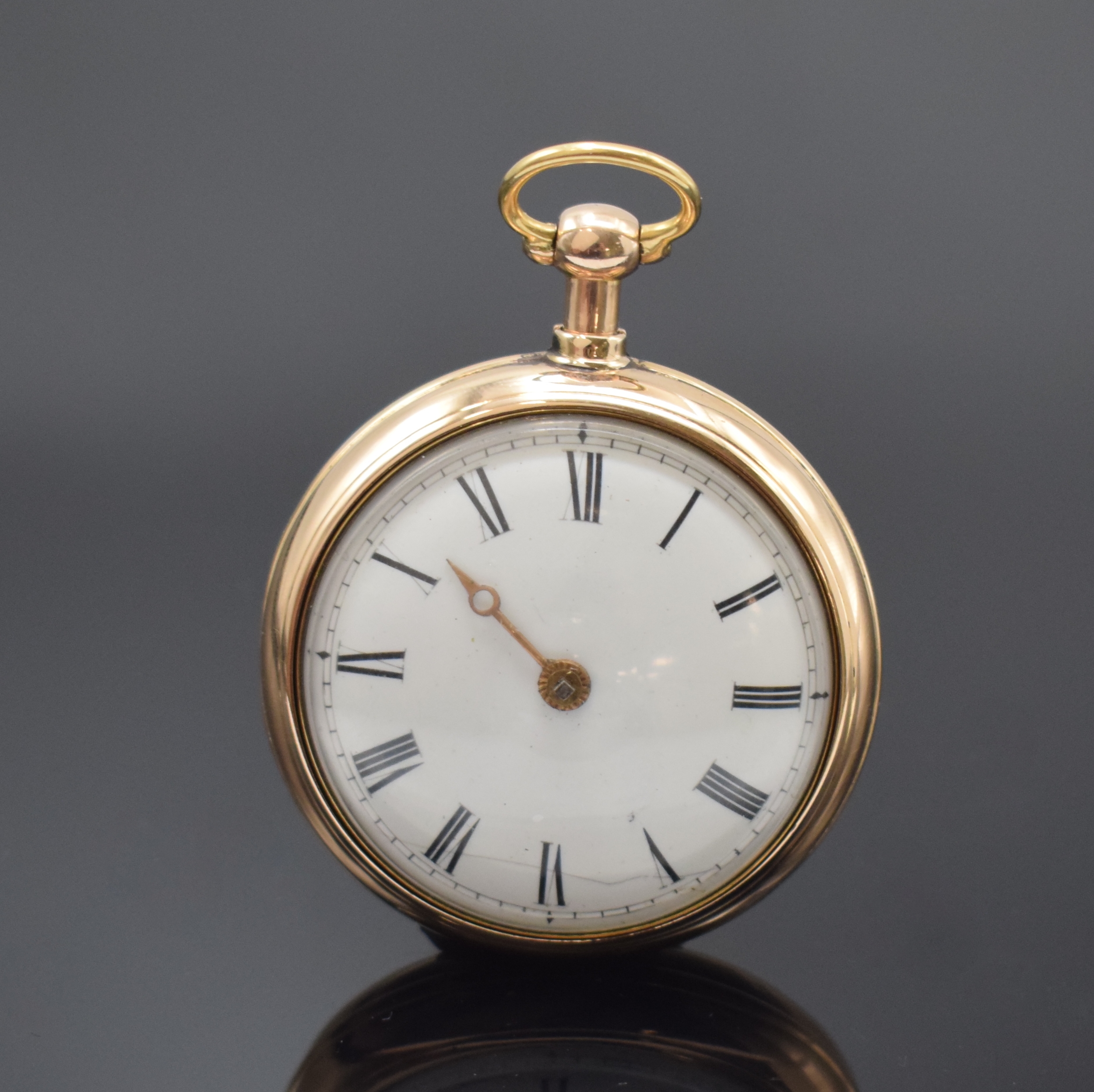 JOHN LEE schwere Taschenuhr in RG 750/000 mit Übergehäuse, London Hallmark 1810, glattes Geh. und Übergeh., Emailzifferbl. m. röm. Zahlen riss., ...