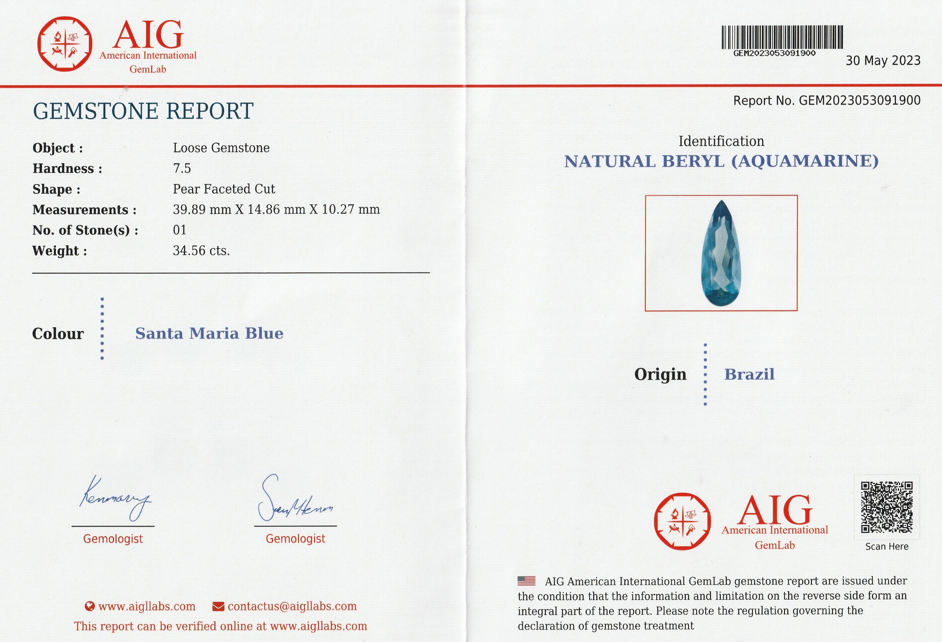 Detail d: Loser Aquamarin ca. 34.56 ct, facett. Tropfen, 39.89 x 14.86 x 10.27 mm, Farbe Santa Maria Blau, mit AIG-Expertise