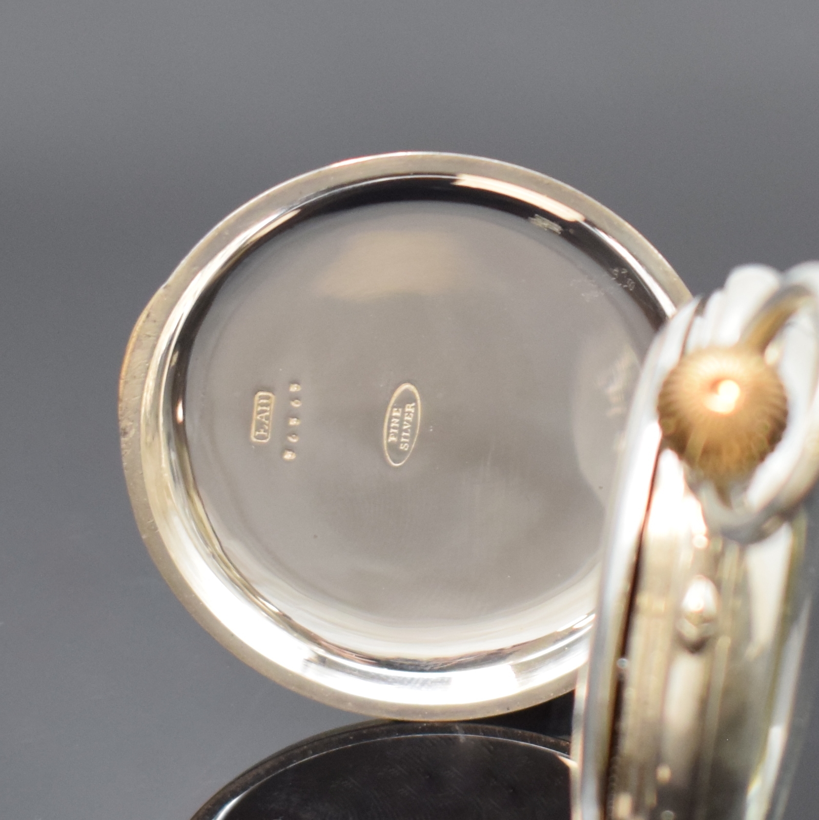 Detail b: ADOLF SCHNEIDER seltene offene Silbertaschenuhr mit Neusilber-Werk, Deutschland um 1895, glattes, neutr. 2-Deckel Silbergeh., Cuv. bez. P Ladstädter ...