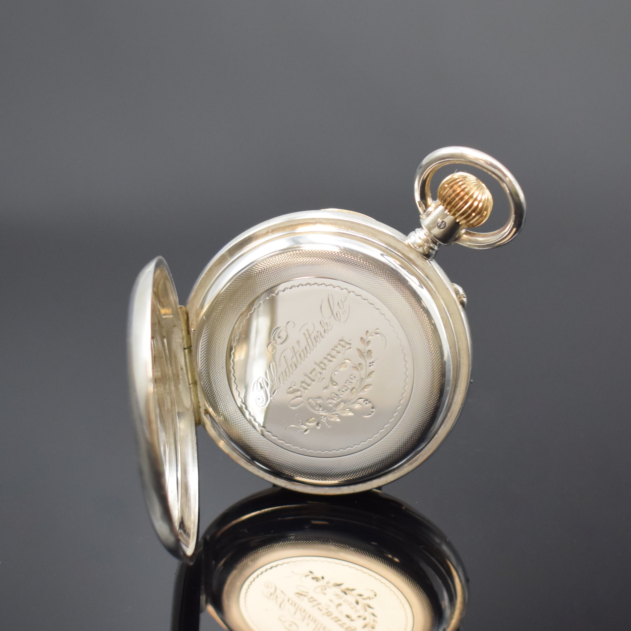 Detail c: ADOLF SCHNEIDER seltene offene Silbertaschenuhr mit Neusilber-Werk, Deutschland um 1895, glattes, neutr. 2-Deckel Silbergeh., Cuv. bez. P Ladstädter ...