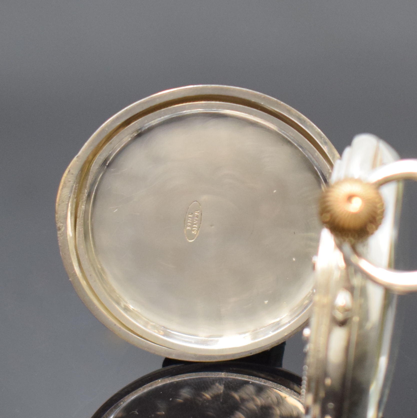 Detail d: ADOLF SCHNEIDER seltene offene Silbertaschenuhr mit Neusilber-Werk, Deutschland um 1895, glattes, neutr. 2-Deckel Silbergeh., Cuv. bez. P Ladstädter ...