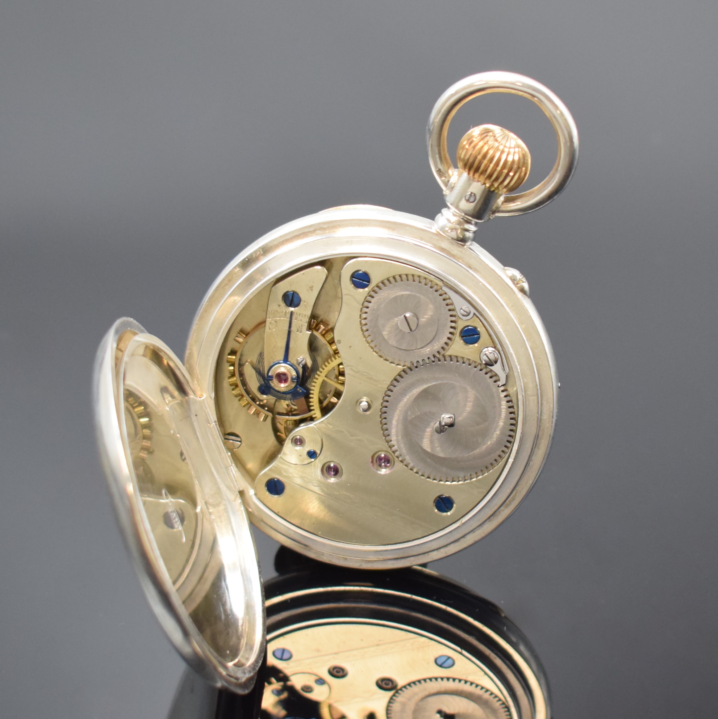 Detail e: ADOLF SCHNEIDER seltene offene Silbertaschenuhr mit Neusilber-Werk, Deutschland um 1895, glattes, neutr. 2-Deckel Silbergeh., Cuv. bez. P Ladstädter ...