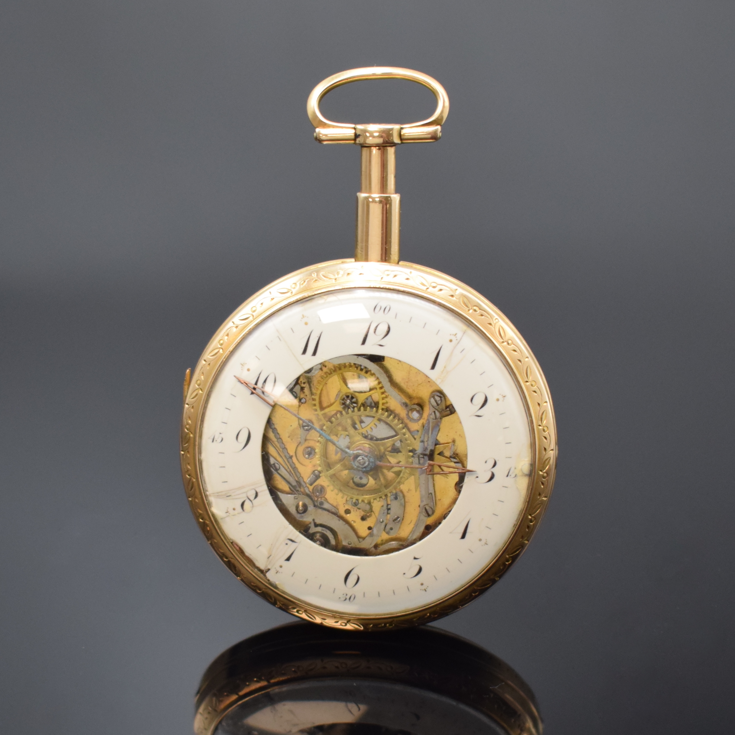 WUNDERLICH Darmstadt frühe Zylinderuhr mit Repetition in RG 750/000, Deutschland um 1800, fein grav. Geh. m. langem Pendant, Emailziffernring stark ...
