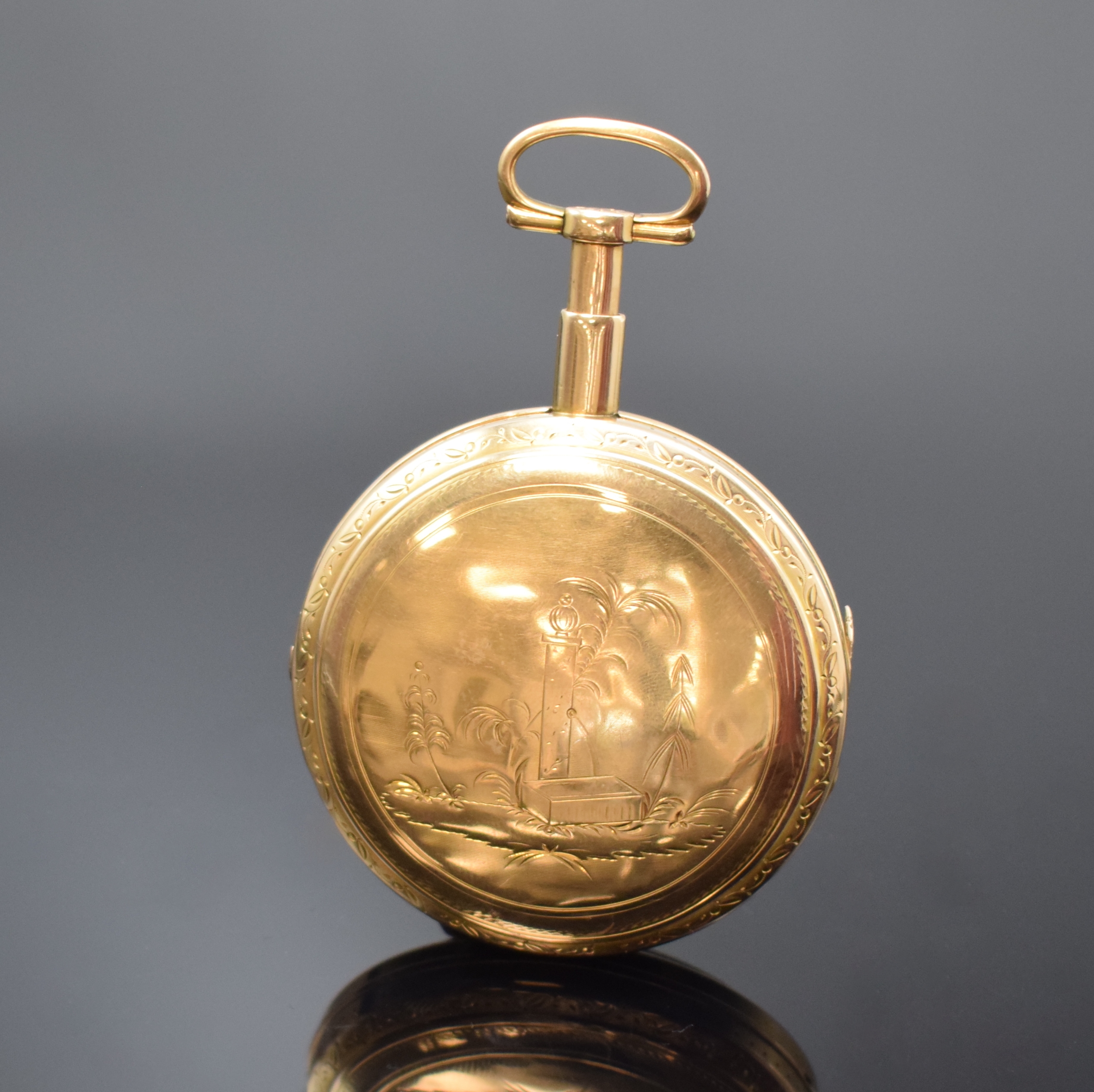 Detail a: WUNDERLICH Darmstadt frühe Zylinderuhr mit Repetition in RG 750/000, Deutschland um 1800, fein grav. Geh. m. langem Pendant, Emailziffernring stark ...