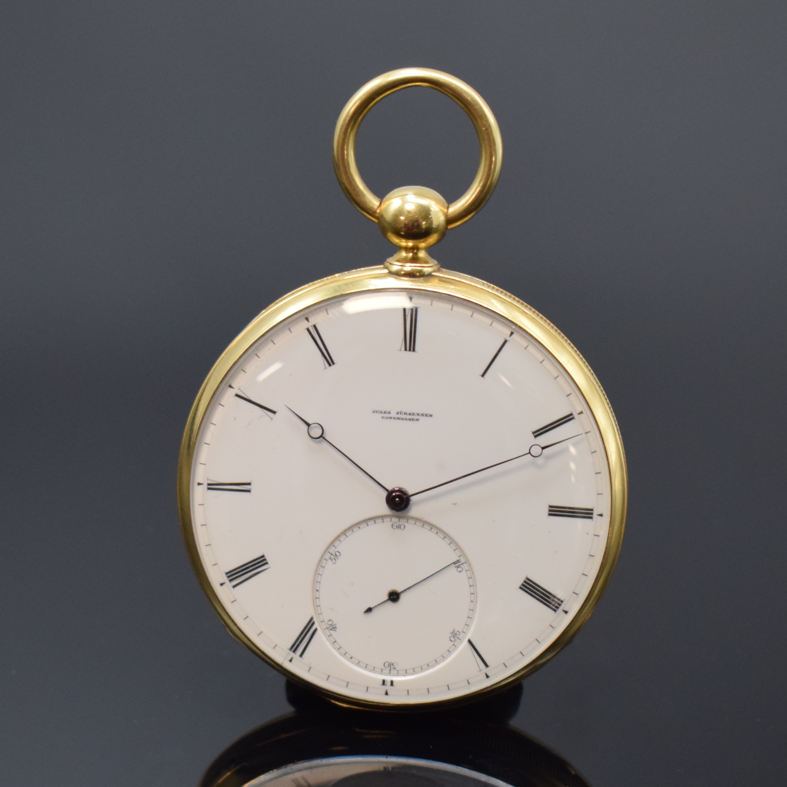 JULES JÜRGENSEN seltenes, frühes Taschenchronometer in GG 750/000 mit Schlüsselaufzug, Schweiz um 1860, guill. Geh. m. A-Goutte-Schlüssen ber., ...