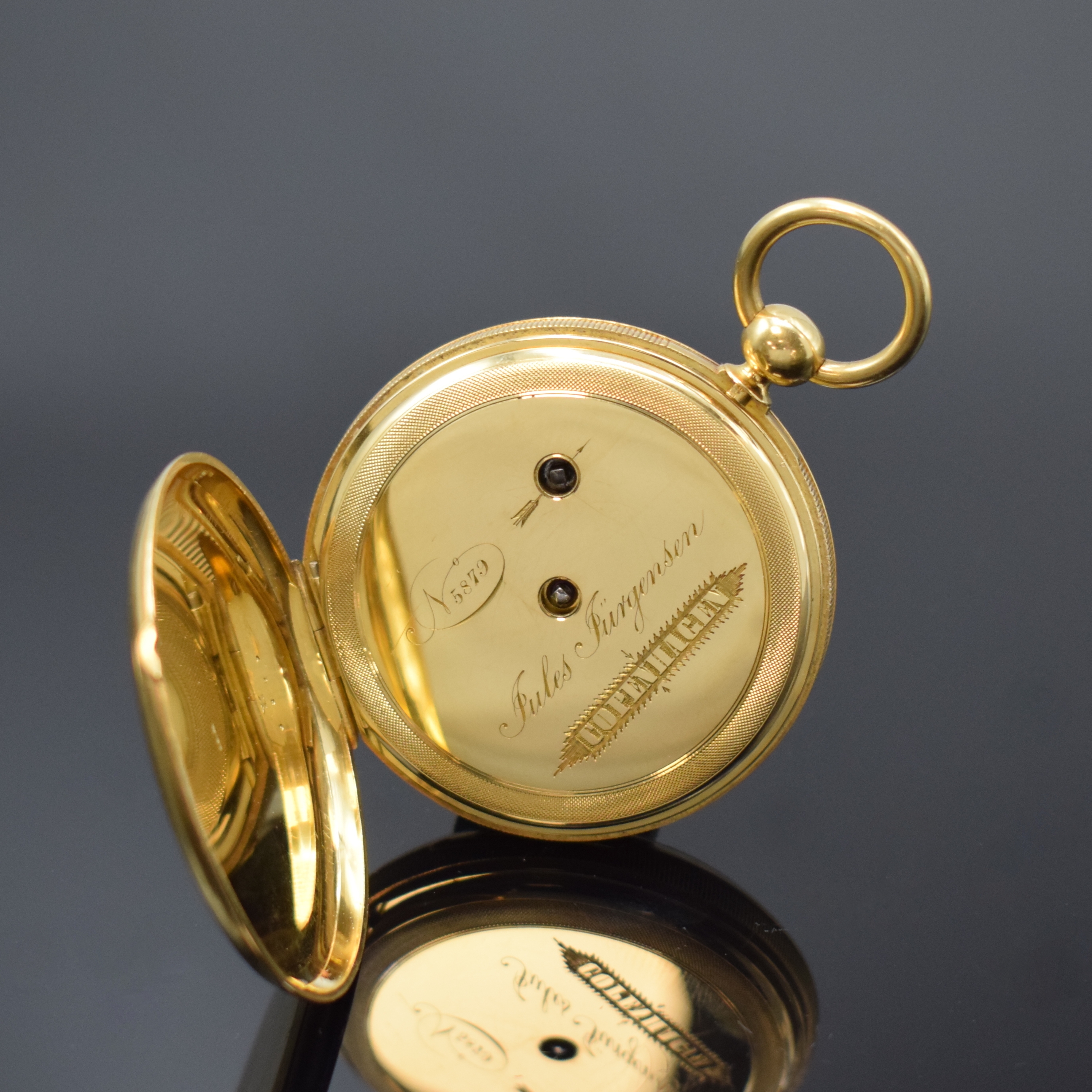 Detail c: JULES JÜRGENSEN seltenes, frühes Taschenchronometer in GG 750/000 mit Schlüsselaufzug, Schweiz um 1860, guill. Geh. m. A-Goutte-Schlüssen ber., ...