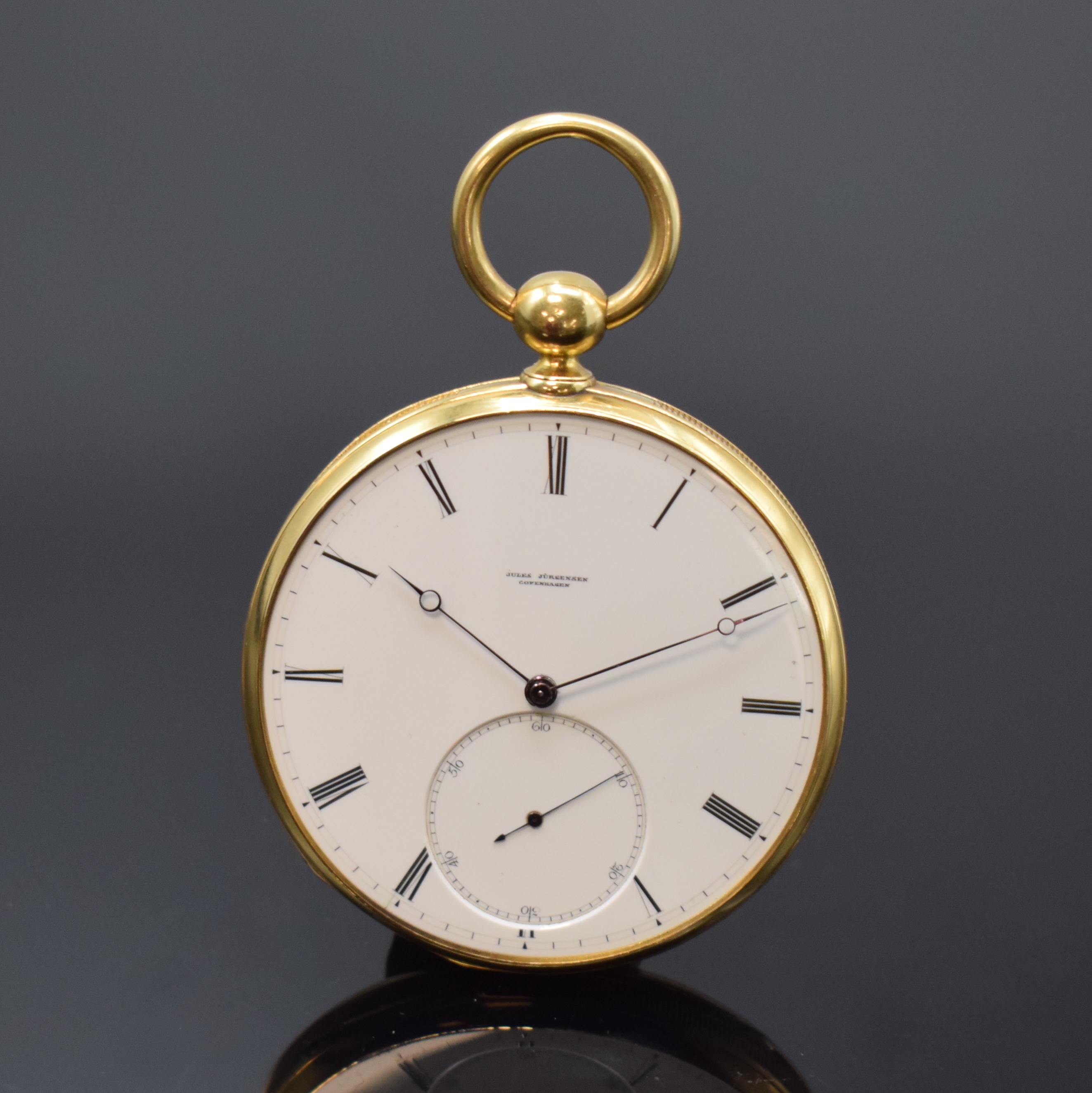 Detail d: JULES JÜRGENSEN seltenes, frühes Taschenchronometer in GG 750/000 mit Schlüsselaufzug, Schweiz um 1860, guill. Geh. m. A-Goutte-Schlüssen ber., ...