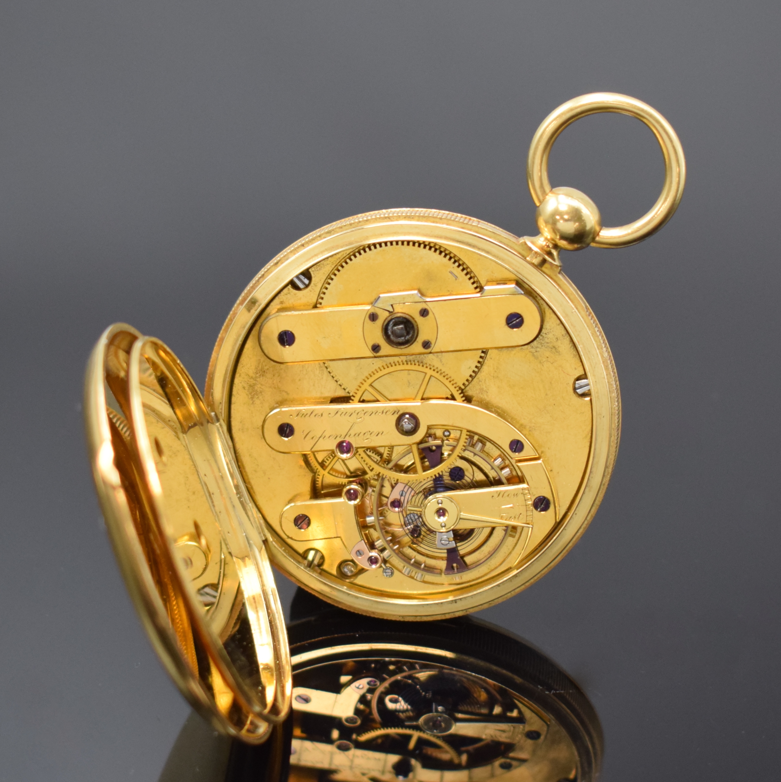 Detail e: JULES JÜRGENSEN seltenes, frühes Taschenchronometer in GG 750/000 mit Schlüsselaufzug, Schweiz um 1860, guill. Geh. m. A-Goutte-Schlüssen ber., ...