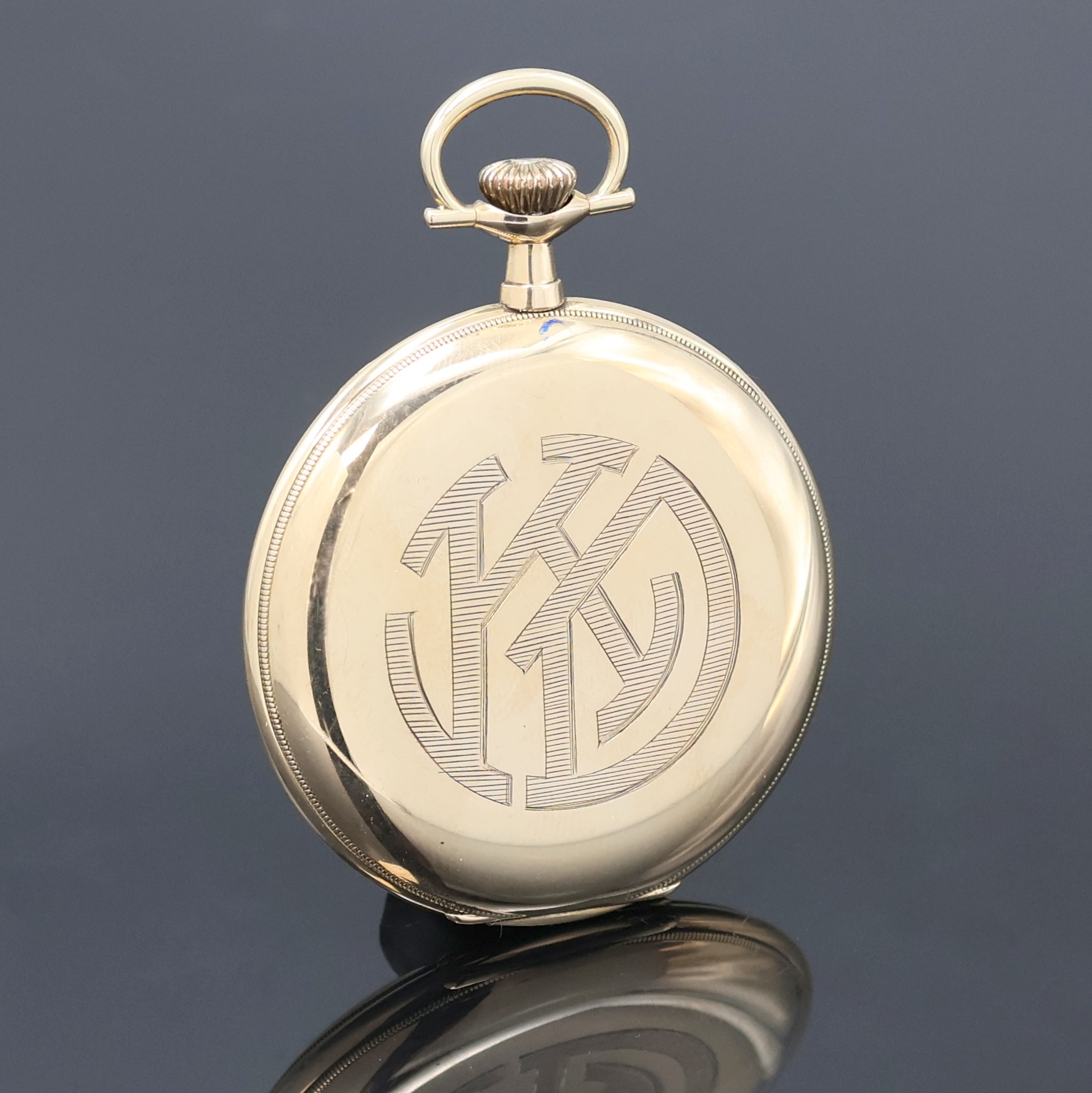 Detail a: ELGIN offene Taschenuhr in GG 585/000, USA um 1920, glattes Geh., Rückdeckel m. Monogramm, Goldcuvette, silb. Zifferbl. rest., zentral gold./guill., ...