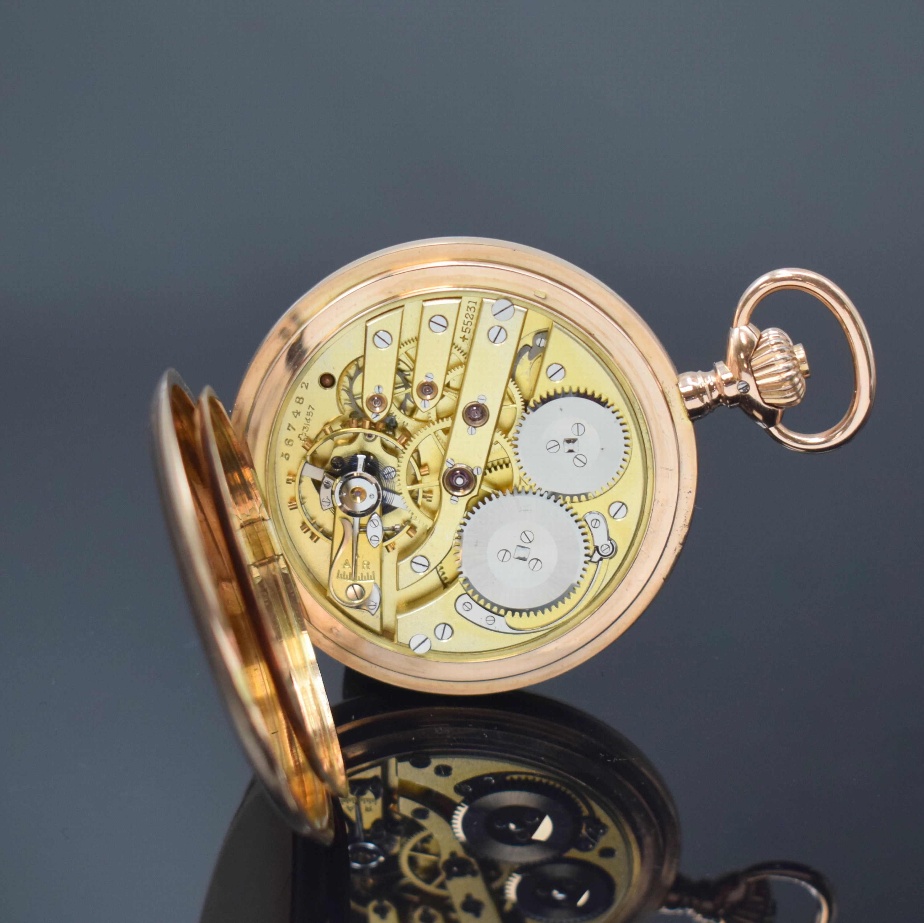 Detail f: IWC Herrensavonette in RG 585/000 Kaliber 66, Schweiz um 1913, glattes 3-Deckel Goldgeh., Cuv. l. dell., Emailzifferbl. m. Breguetzahlen und gold. ...