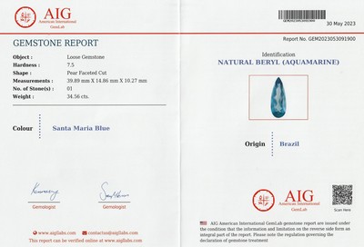 26918358d - Loser Aquamarin ca. 34.56 ct, facett. Tropfen, 39.89 x 14.86 x 10.27 mm, Farbe Santa ...