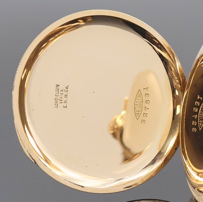 26918374c - ELGIN offene Taschenuhr in GG 585/000, USA um 1920, glattes Geh., Rückdeckel m. ...