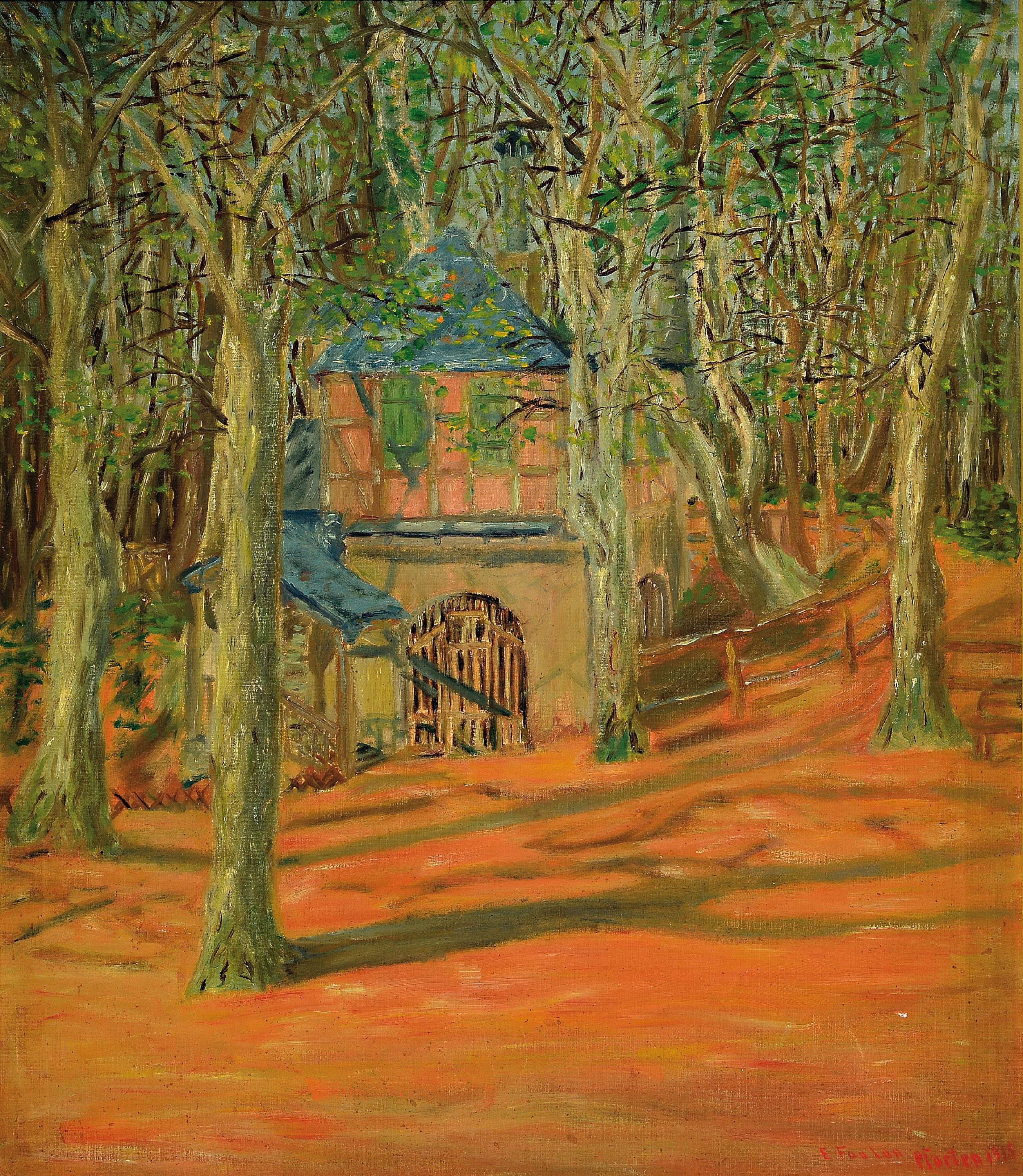 E. Foulon, datiert: Pforten 1915, Blick auf ein Fachwerkhaus unter Bäumen, Öl/LWd, rechts unten sign. und dat., ca. 75x65cm, R. ca. 82x72cm