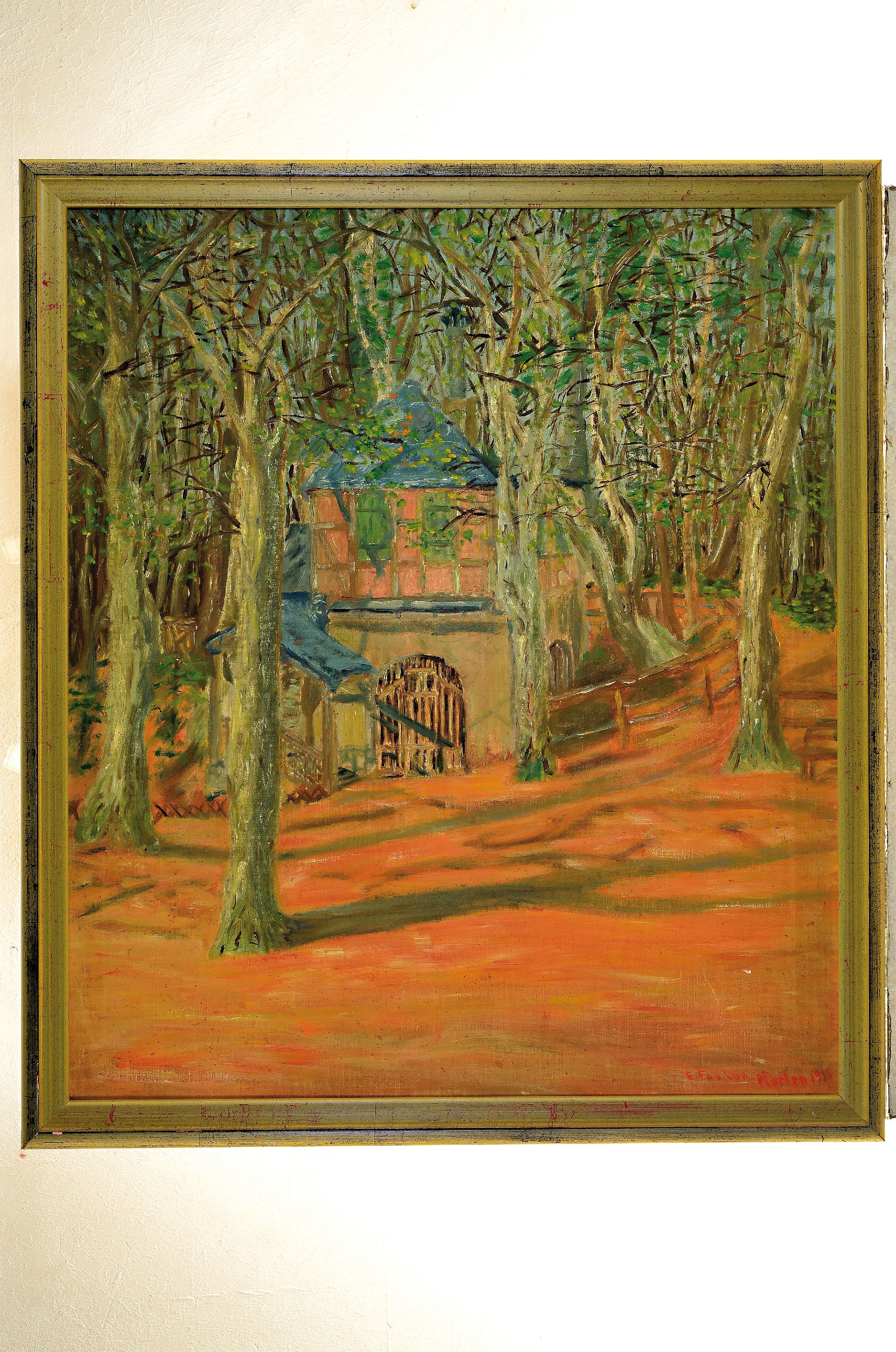 Detail k: E. Foulon, datiert: Pforten 1915, Blick auf ein Fachwerkhaus unter Bäumen, Öl/LWd, rechts unten sign. und dat., ca. 75x65cm, R. ca. 82x72cm