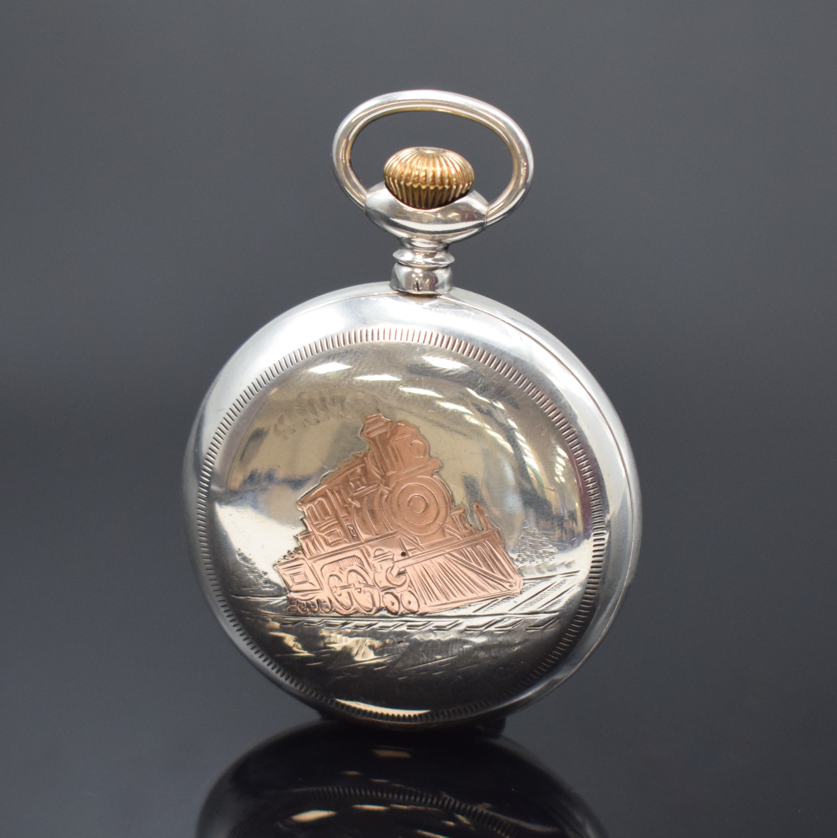 Detail a: D. GRUEN & Son Precision Watch offene Railway-Taschenuhr in Silber, USA um 1900, Sterlingsilbergeh., Boden m. goldener Dampflok sowie Glasrand ...