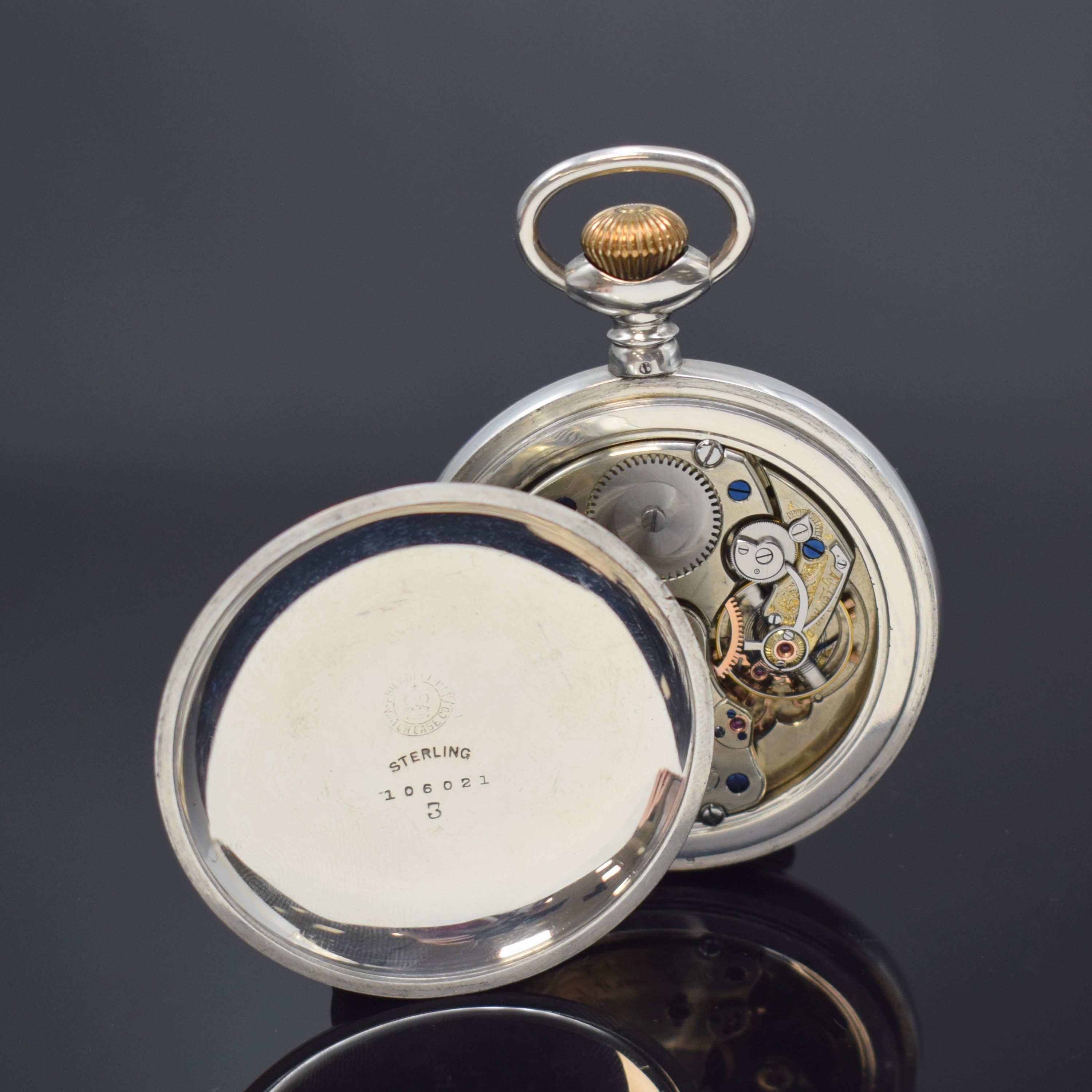 Detail c: D. GRUEN & Son Precision Watch offene Railway-Taschenuhr in Silber, USA um 1900, Sterlingsilbergeh., Boden m. goldener Dampflok sowie Glasrand ...
