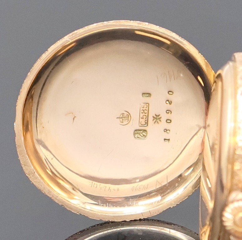 Detail c: VACHERON & CONSTANTIN offene Damentaschenuhr in RG 585/000, Schweiz um 1910, grav. 2- Deckel Goldgeh., Goldcuvette sign. "C. Reinholdt & Sohn, ...