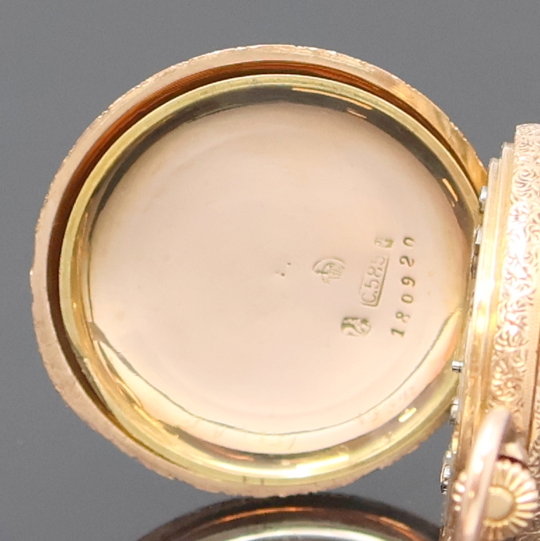 Detail e: VACHERON & CONSTANTIN offene Damentaschenuhr in RG 585/000, Schweiz um 1910, grav. 2- Deckel Goldgeh., Goldcuvette sign. "C. Reinholdt & Sohn, ...