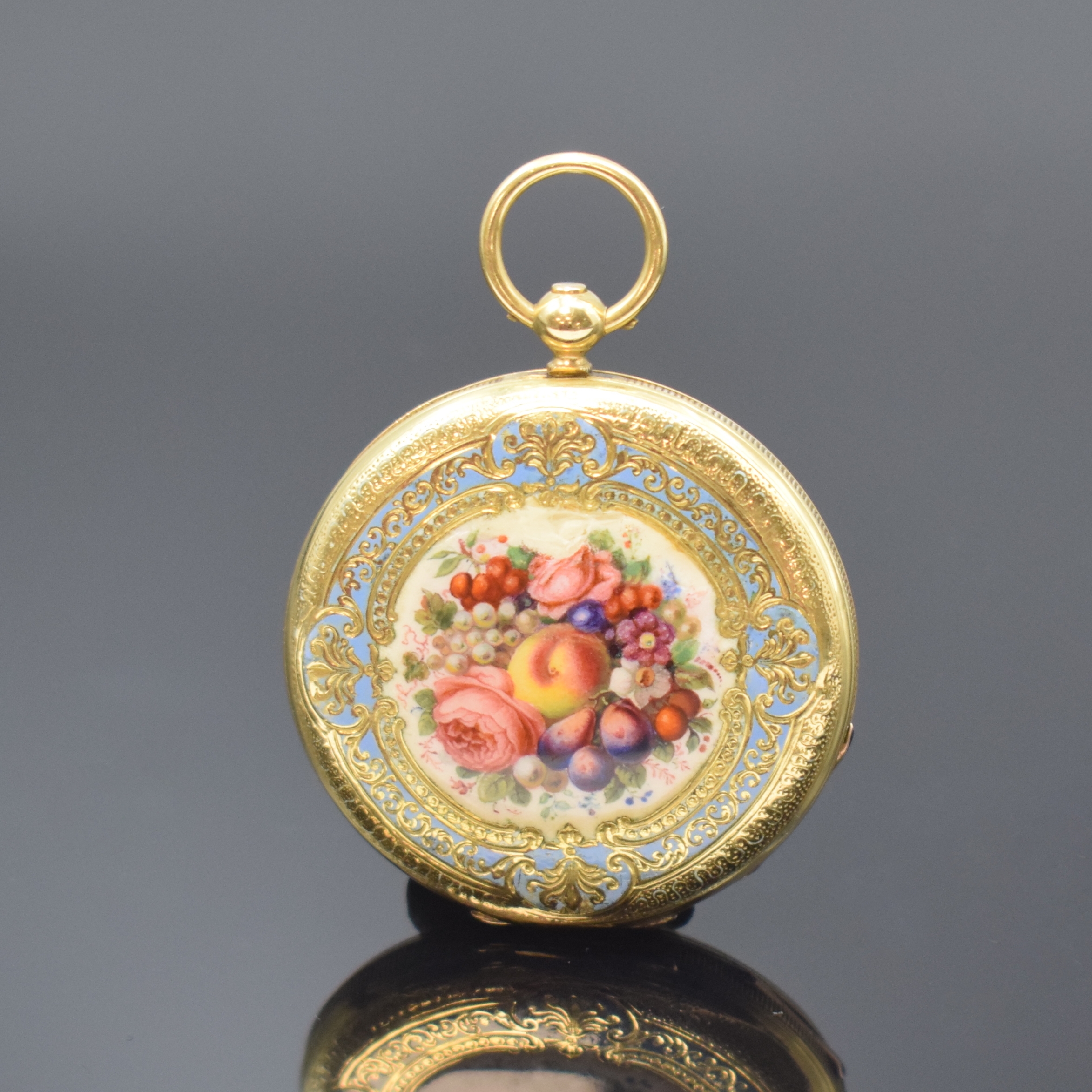 Detail a: MALIGNON Geneve Email Biedermeier Taschenuhr in GG 750/000, Schweiz um 1840, fein graviertes und rücks. emailliertes Geh. (Email besch.), sign. ...