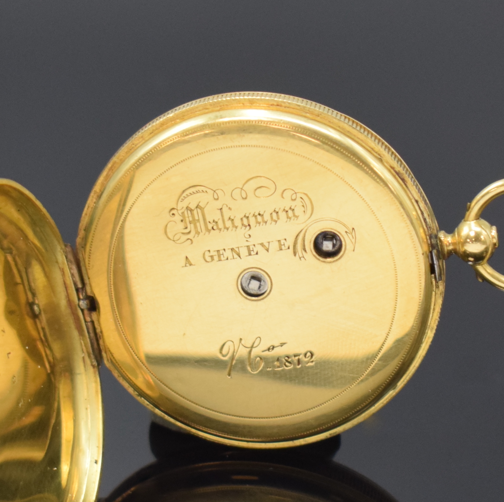 Detail c: MALIGNON Geneve Email Biedermeier Taschenuhr in GG 750/000, Schweiz um 1840, fein graviertes und rücks. emailliertes Geh. (Email besch.), sign. ...