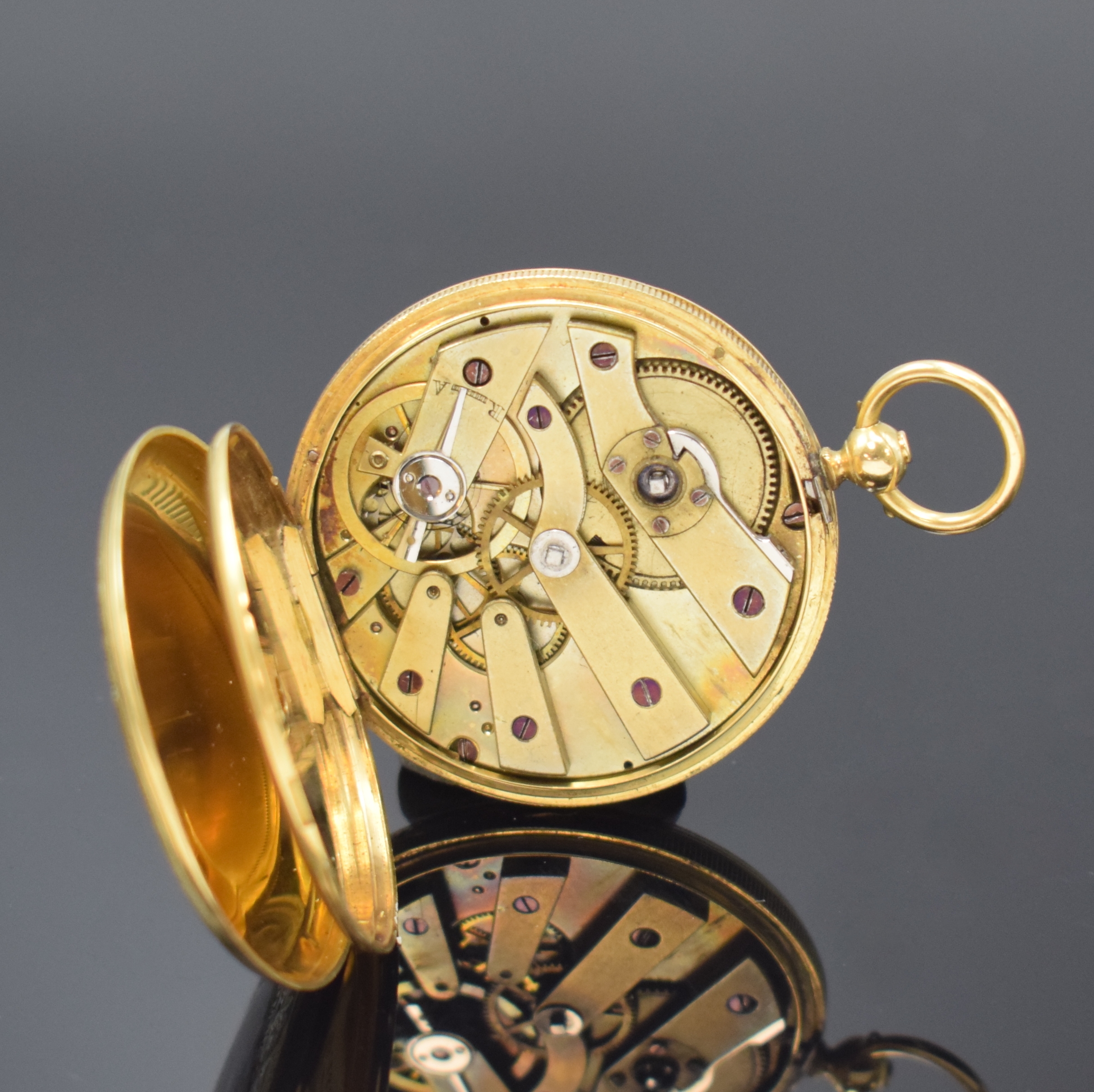 Detail d: MALIGNON Geneve Email Biedermeier Taschenuhr in GG 750/000, Schweiz um 1840, fein graviertes und rücks. emailliertes Geh. (Email besch.), sign. ...