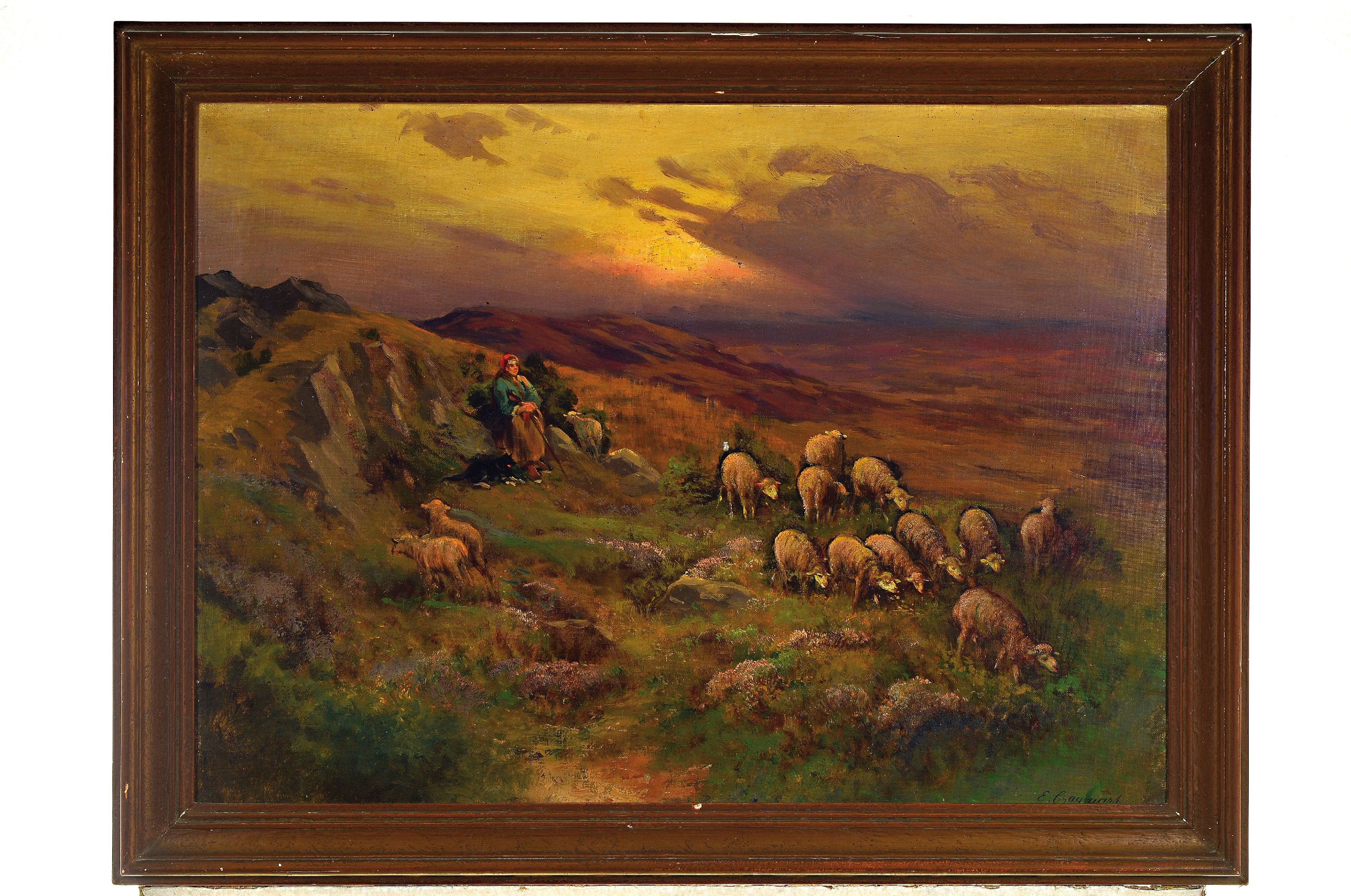 Detail k: Emile Cagniart, 1851-1911, frz., Schäferin mit Herde vor Landschaft im Sonnenuntergang, rechts unten signiert, Öl/Lwd, 53x71 cm, Rahmen 63x83 cm