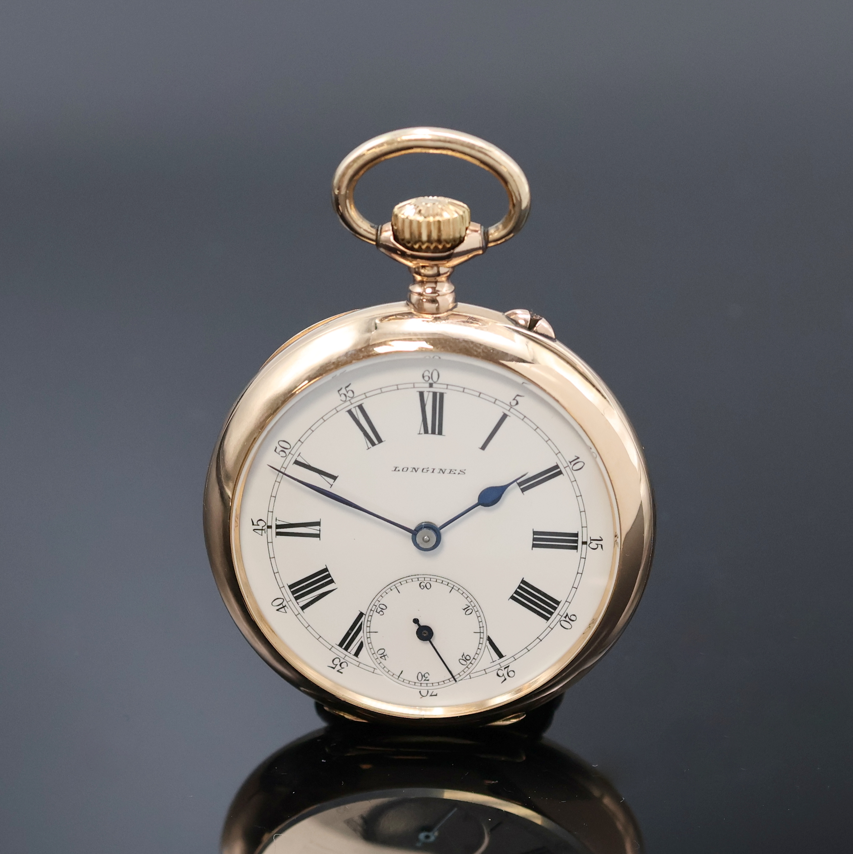 LONGINES frühe offene Herrentaschenuhr in RG 585/000, Schweiz um 1900, glattes Geh., Rückdeckel m. Monogramm, Metallcuvette m. Medaillengravur, ...
