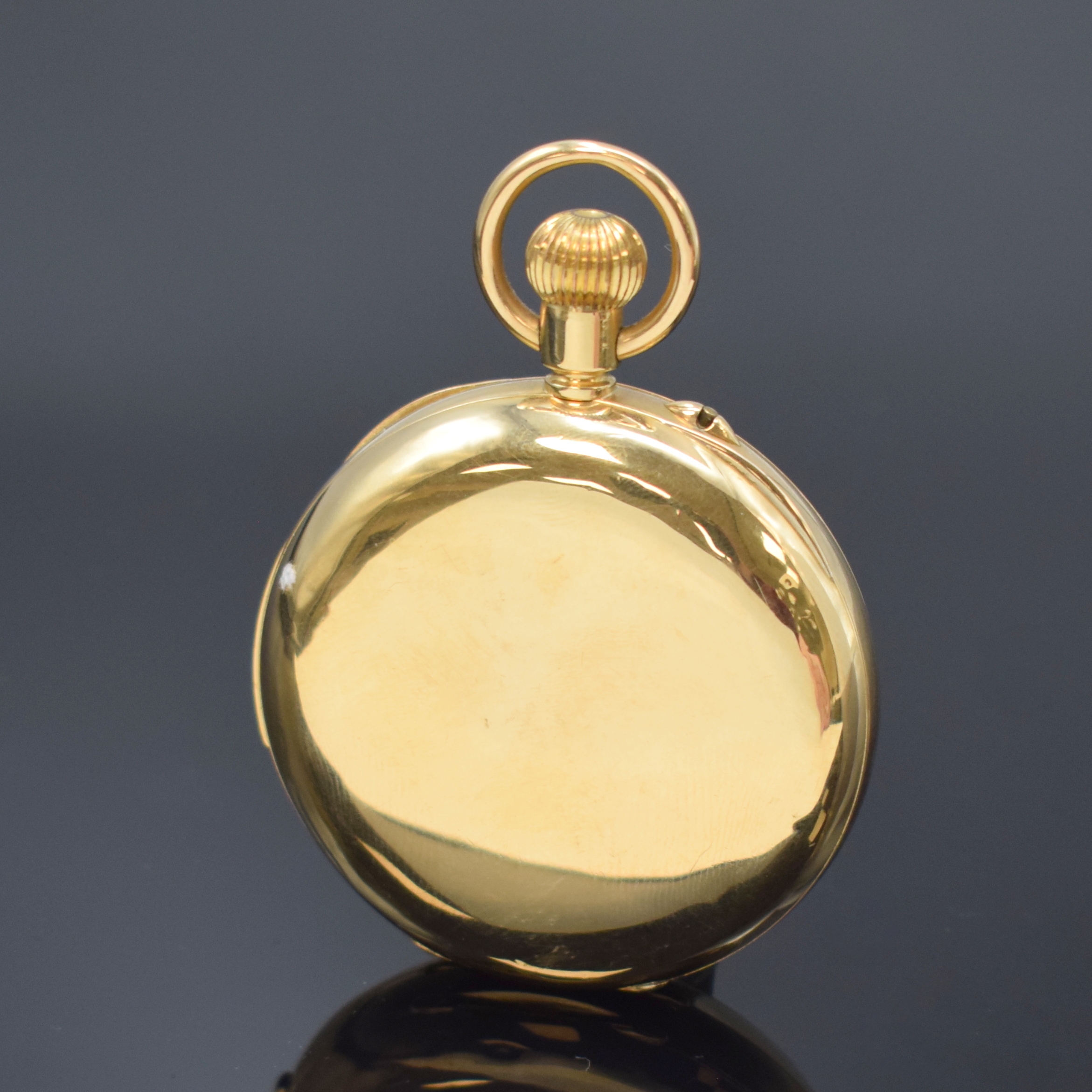 Detail a: Offene schwere Herrentaschenuhr mit Minutenrepetition in GG 755/000, Schweiz um 1900, glattes 2-Deckel Goldgeh. dell., Repetition durch Schieber bei ...