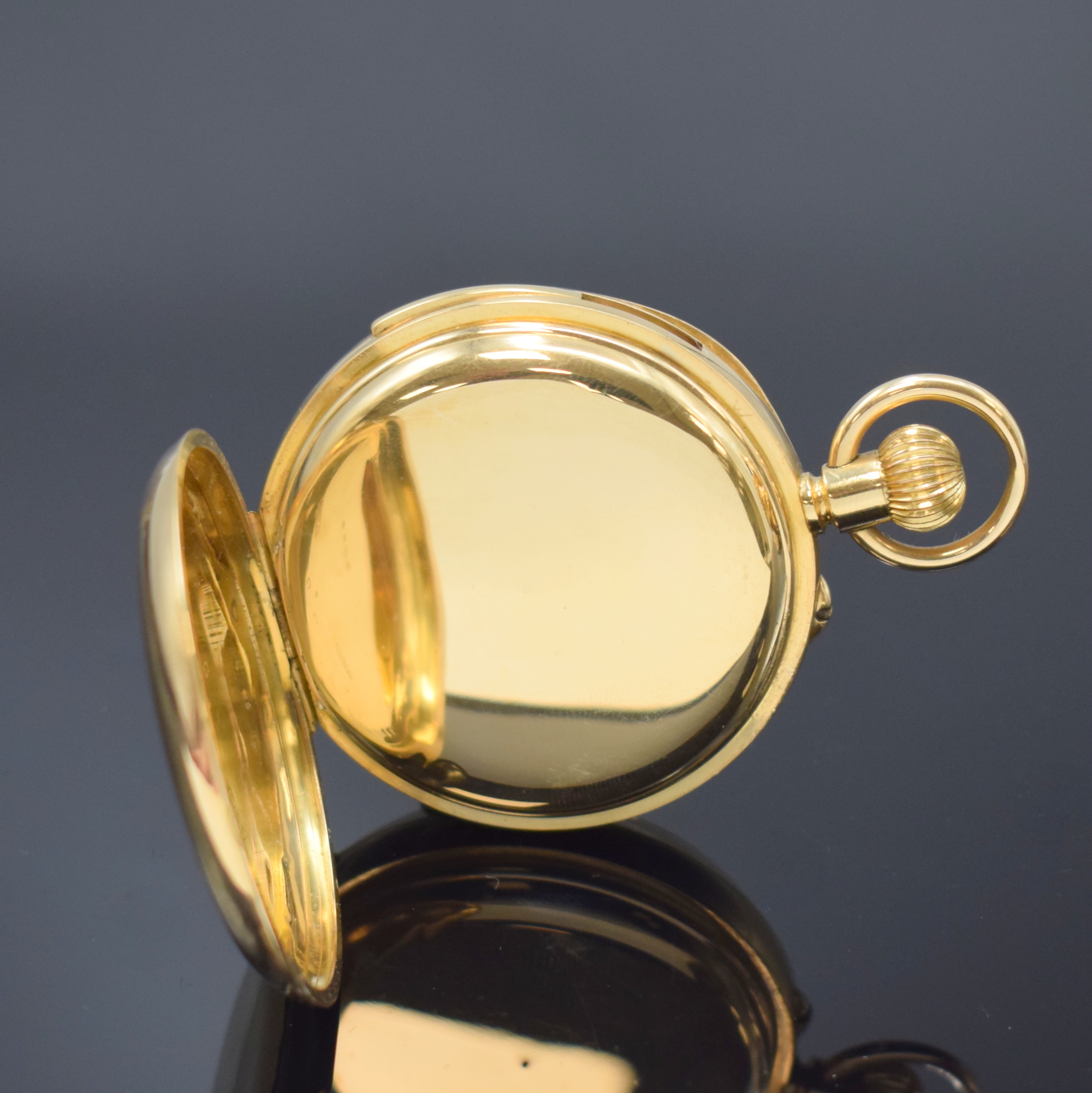 Detail c: Offene schwere Herrentaschenuhr mit Minutenrepetition in GG 755/000, Schweiz um 1900, glattes 2-Deckel Goldgeh. dell., Repetition durch Schieber bei ...