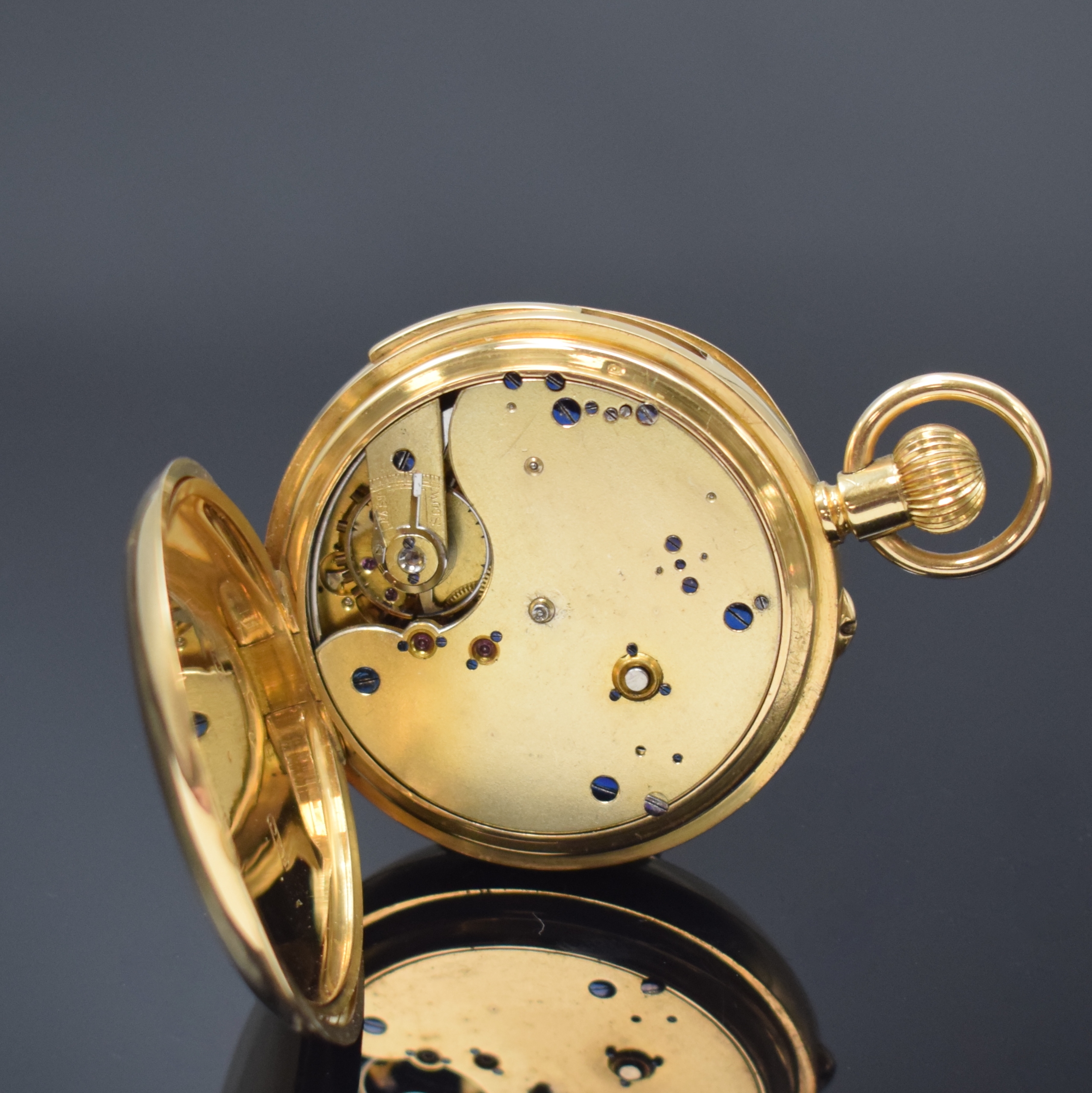 Detail e: Offene schwere Herrentaschenuhr mit Minutenrepetition in GG 755/000, Schweiz um 1900, glattes 2-Deckel Goldgeh. dell., Repetition durch Schieber bei ...