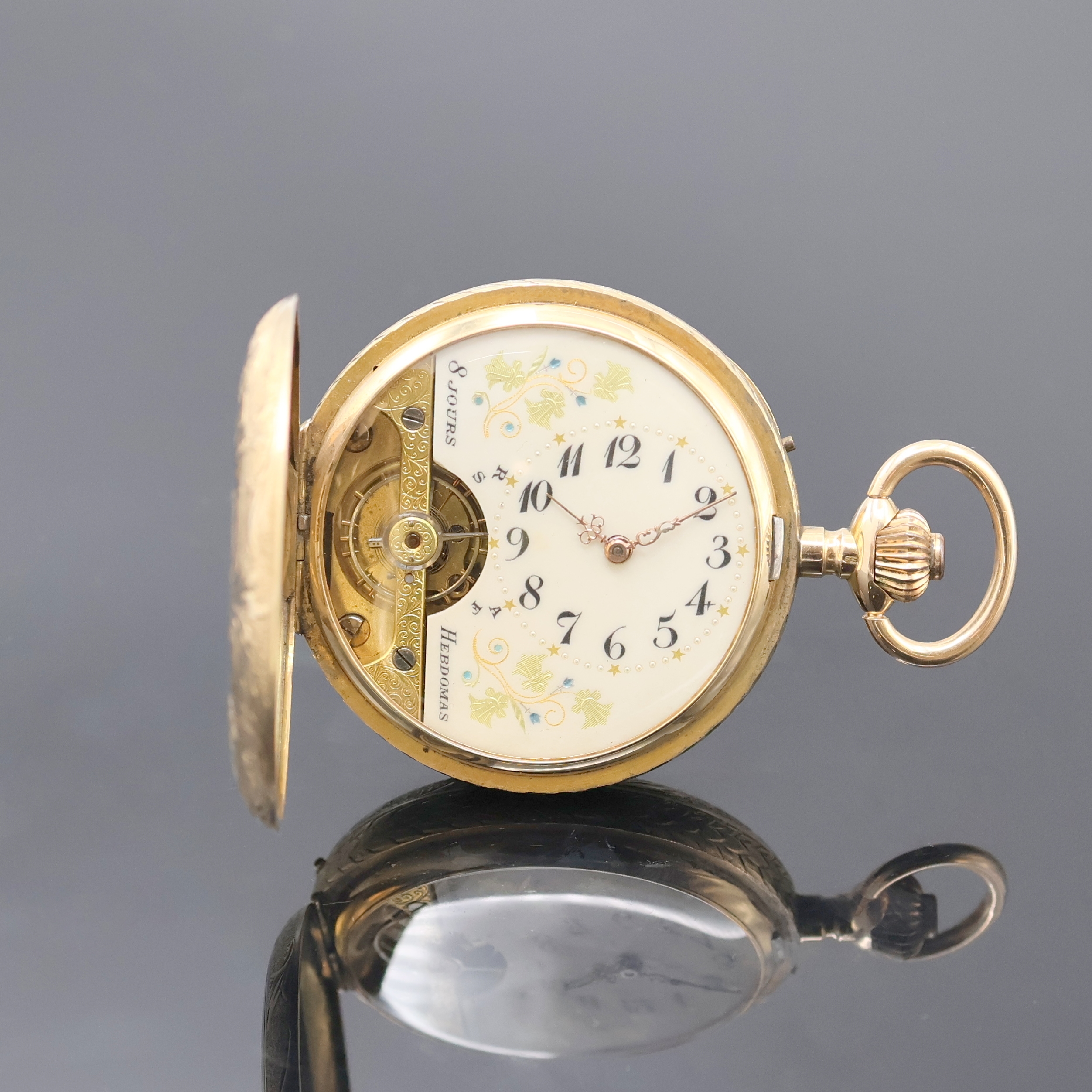 Image 26918573 - HEBDOMAS seltene 8-Tage-Savonette in GG 585/000, Schweiz um 1915, floral grav. Geh., ...