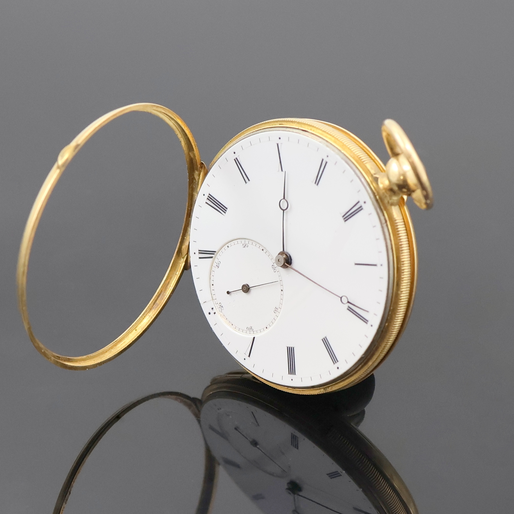 Detail b: PILLARD á Paris offene Taschenuhr in GG 750/000, Schweiz/Frankreich um 1860, Schlüsselaufzug, Geh. dell., geriffelter Rand, guill. Rückdeckel, ...