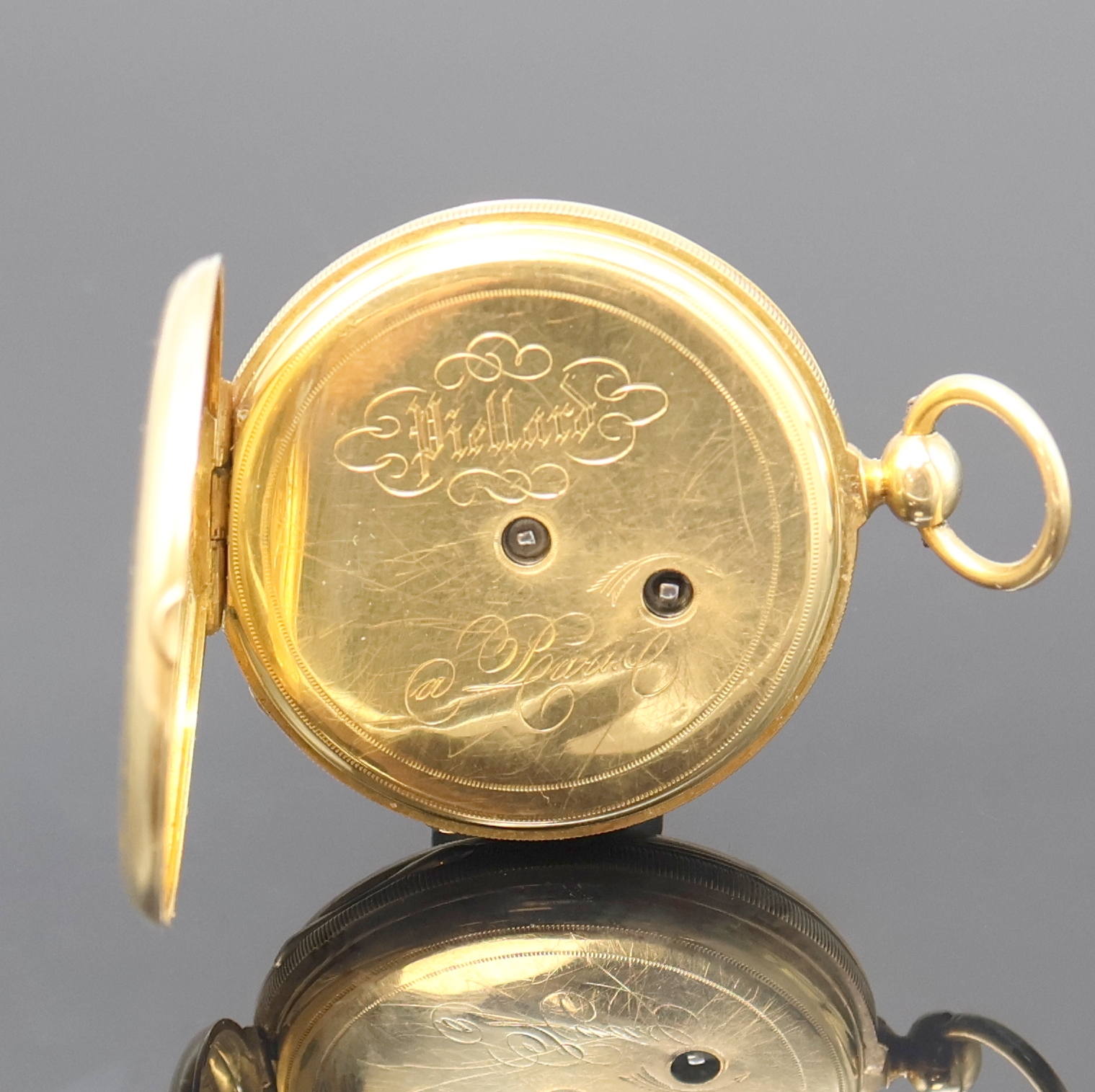 Detail c: PILLARD á Paris offene Taschenuhr in GG 750/000, Schweiz/Frankreich um 1860, Schlüsselaufzug, Geh. dell., geriffelter Rand, guill. Rückdeckel, ...