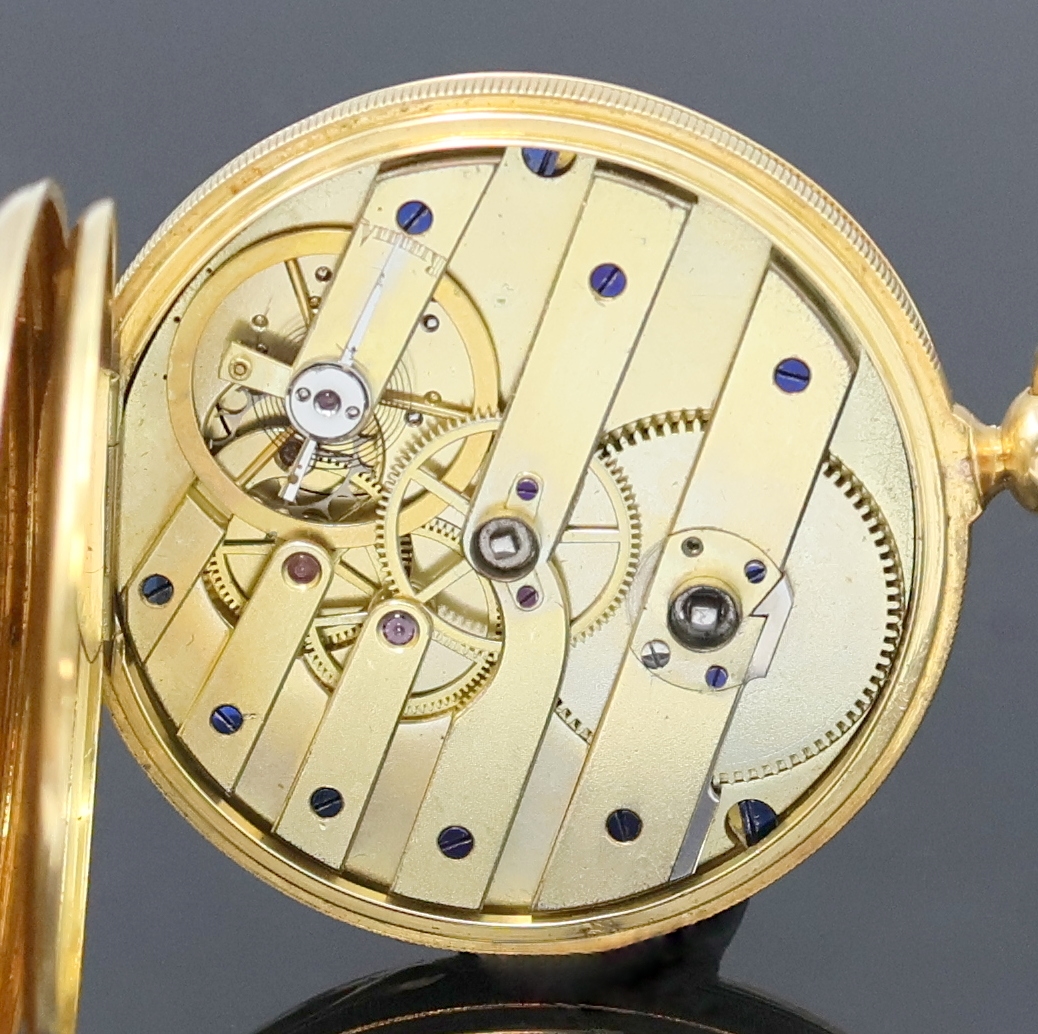 Detail e: PILLARD á Paris offene Taschenuhr in GG 750/000, Schweiz/Frankreich um 1860, Schlüsselaufzug, Geh. dell., geriffelter Rand, guill. Rückdeckel, ...