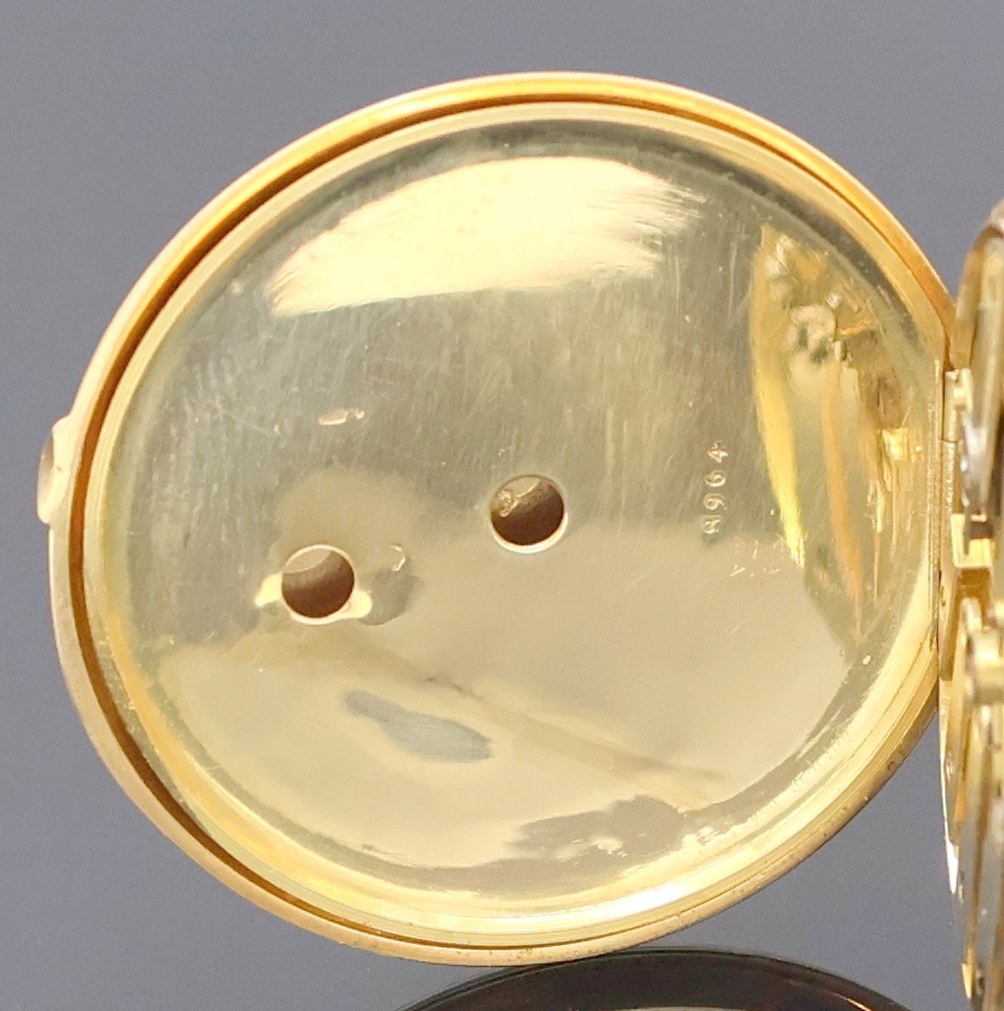 Detail f: PILLARD á Paris offene Taschenuhr in GG 750/000, Schweiz/Frankreich um 1860, Schlüsselaufzug, Geh. dell., geriffelter Rand, guill. Rückdeckel, ...