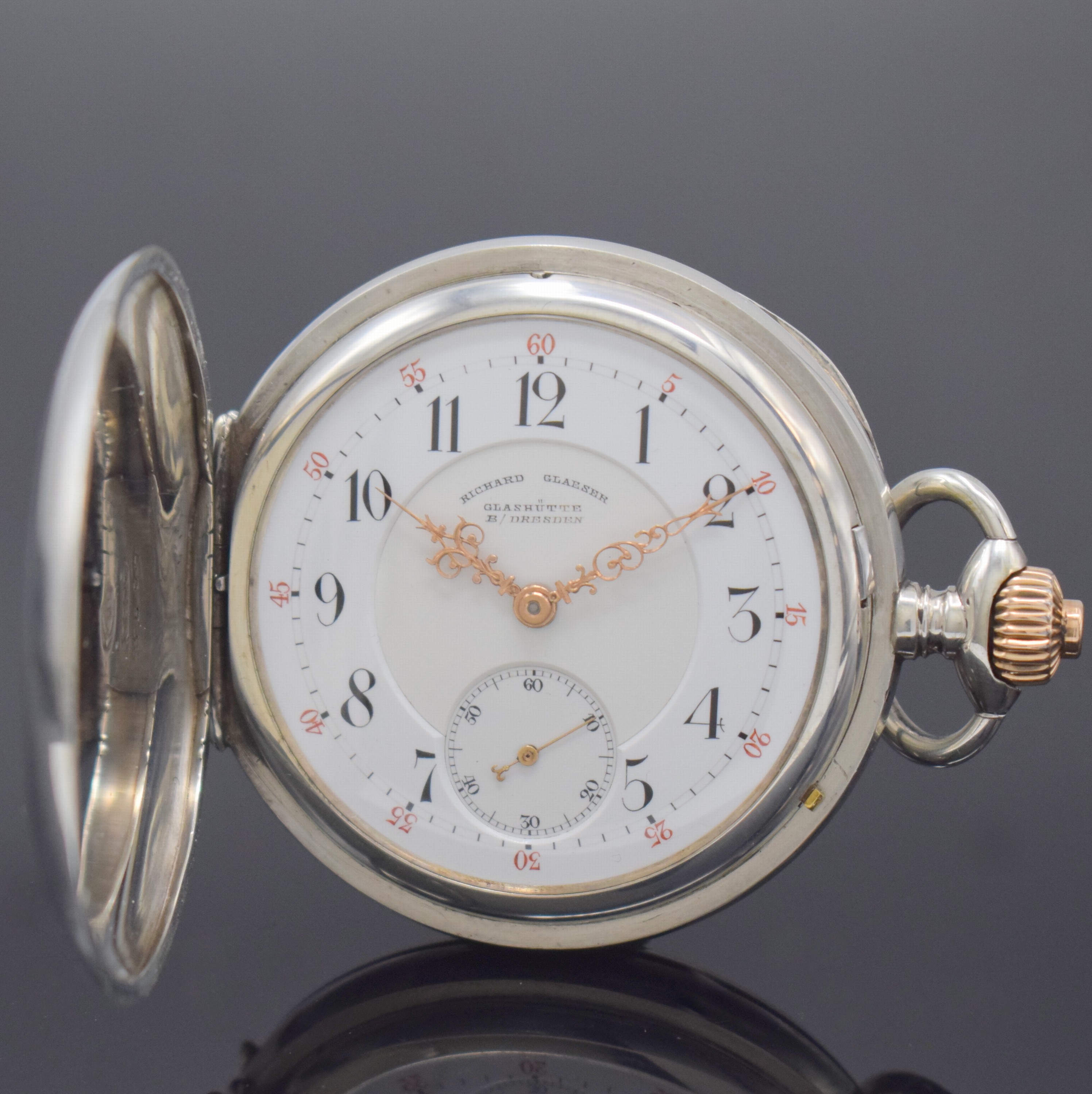 RICHARD GLAESER Herrensavonette in Silber, Deutschland um 1900, glattes Lucia-Geh. mit Werk nicht nummerngleich, 3-teil. Emailzifferbl. m. arab. ...