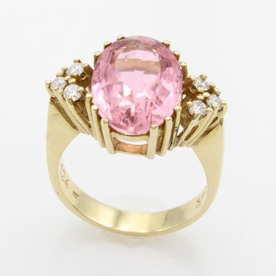 26918571b - Ring mit Turmalin und Brillanten, GG 585/000, ovaler, rosa Turmalin ca. 5.8 ct, 6 Brill. ...
