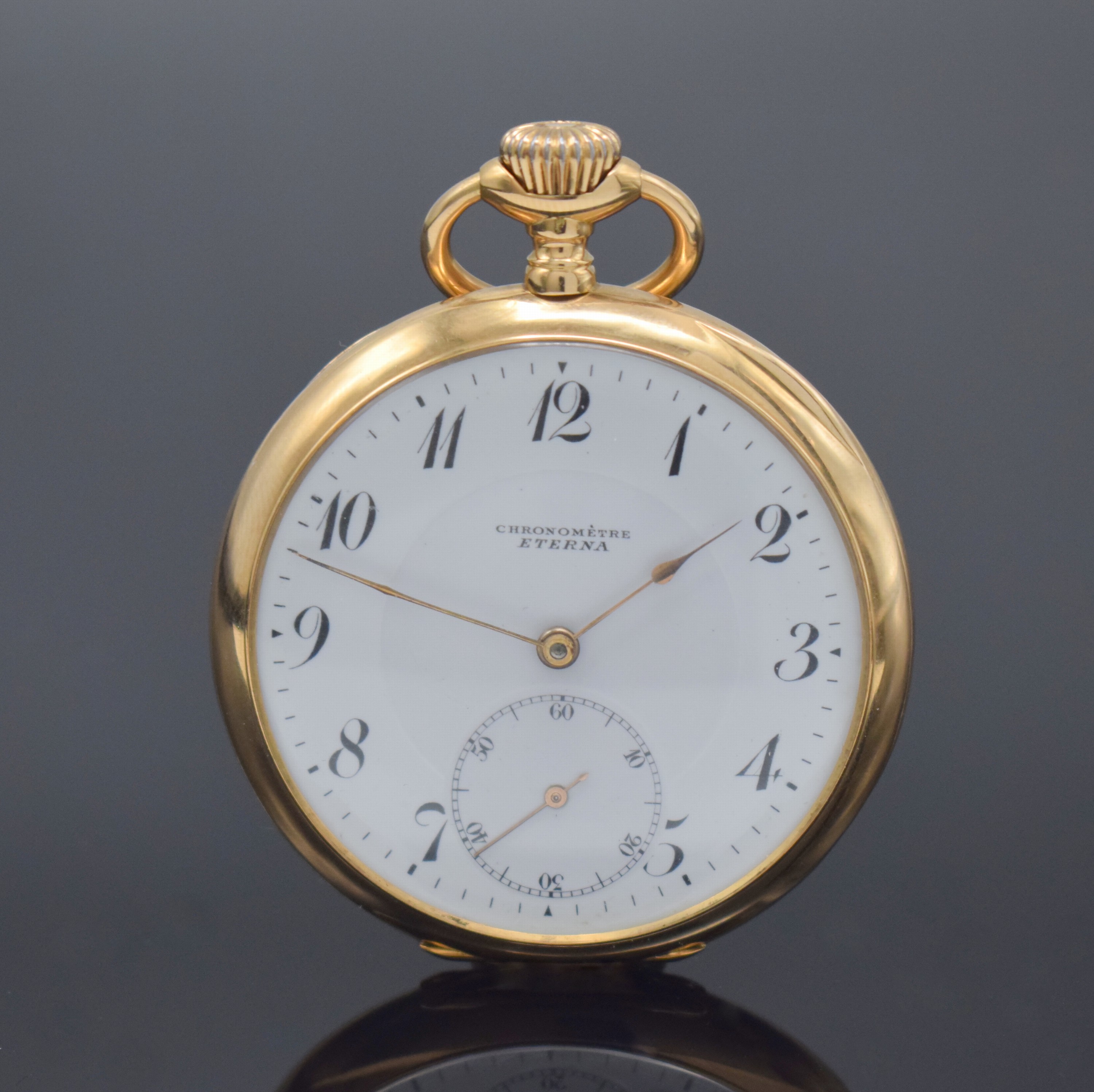 ETERNA CHRONOMETRE offene Herrentaschenuhr in RG 585/000, Schweiz um 1915, strahlen-guill. 2-Deckel Goldgeh., Emailzifferbl. m. Breguetzahlen, kl. ...