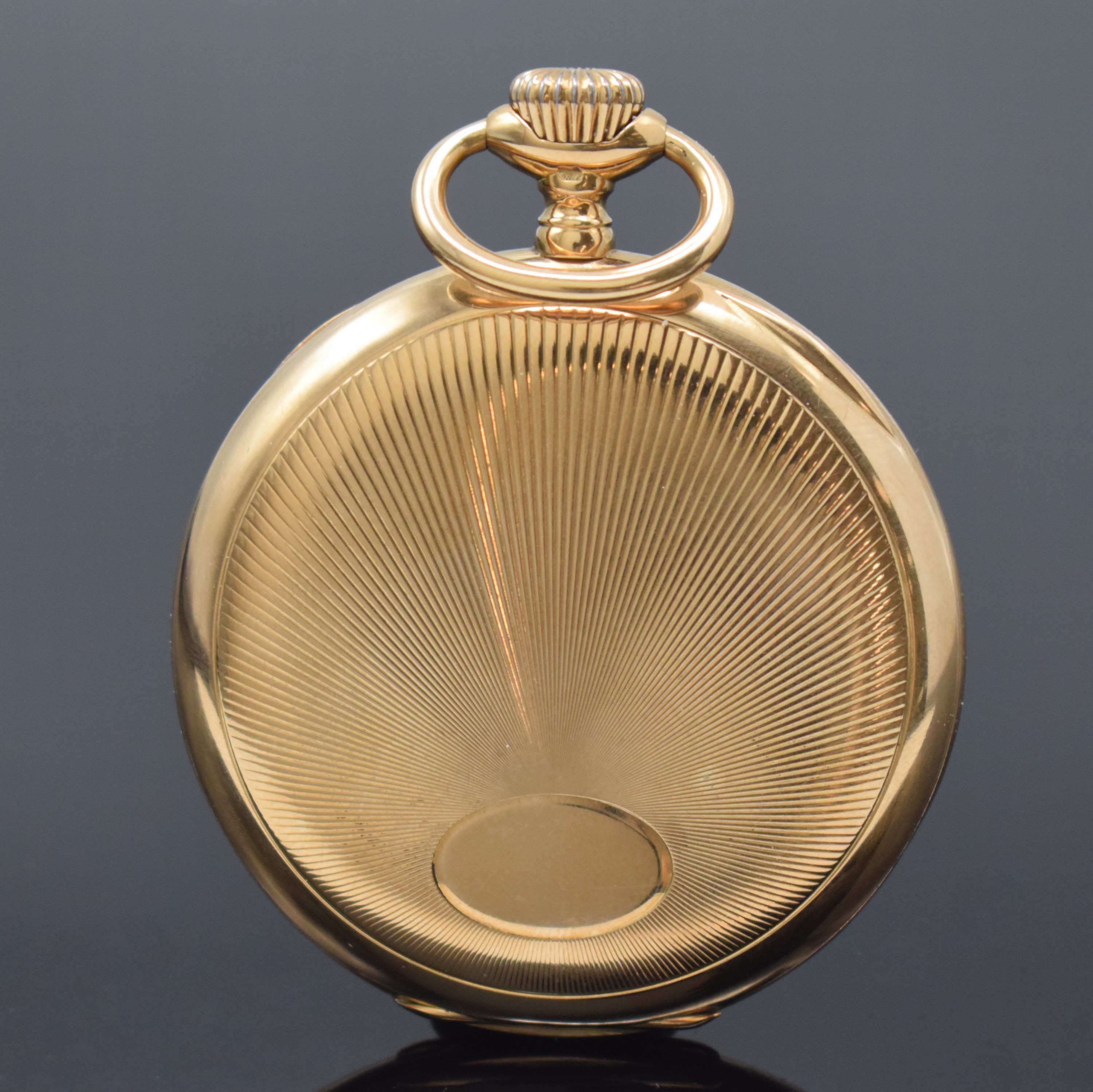 Detail a: ETERNA CHRONOMETRE offene Herrentaschenuhr in RG 585/000, Schweiz um 1915, strahlen-guill. 2-Deckel Goldgeh., Emailzifferbl. m. Breguetzahlen, kl. ...