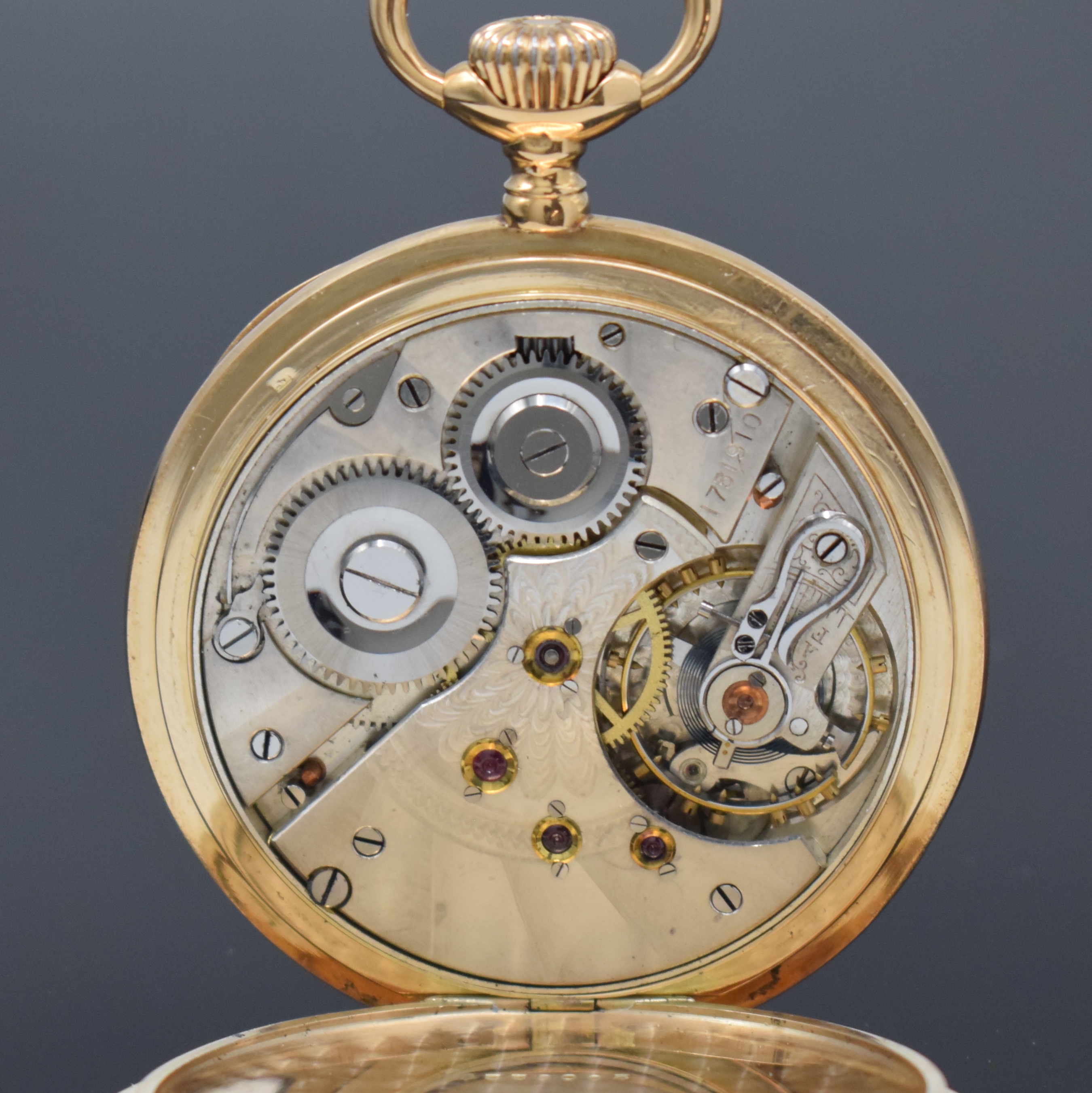 Detail e: ETERNA CHRONOMETRE offene Herrentaschenuhr in RG 585/000, Schweiz um 1915, strahlen-guill. 2-Deckel Goldgeh., Emailzifferbl. m. Breguetzahlen, kl. ...