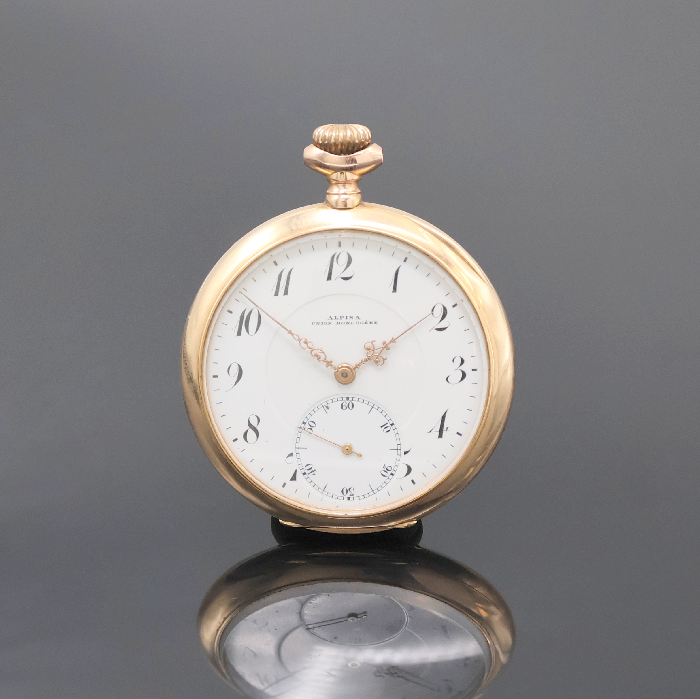 Image 26918608 - ALPINA Union Horlogere offene Herrentaschenuhr in RG 585/000, Schweiz um 1910, guill. ...