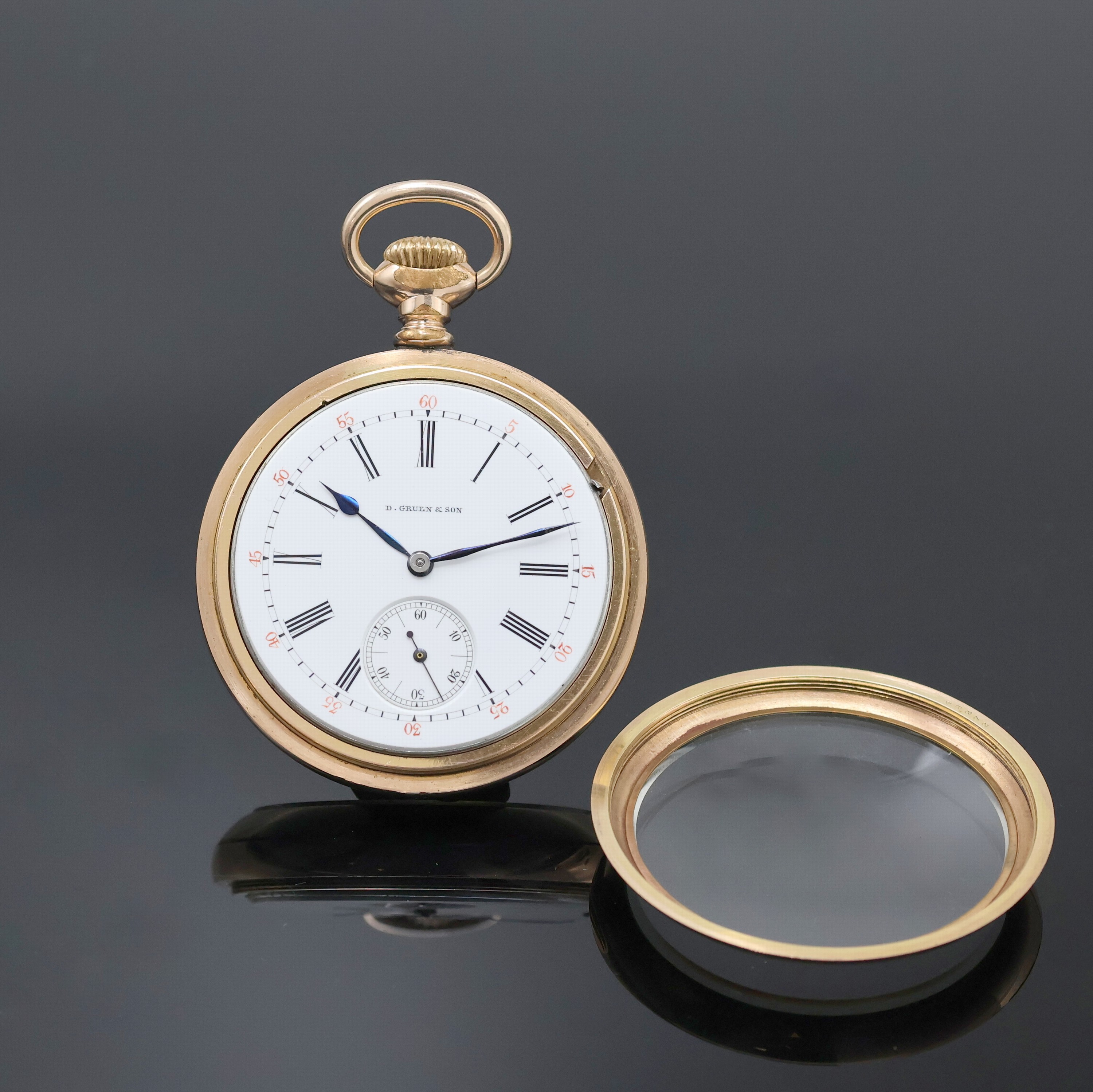 Detail b: D. GRUEN & SON seltene vergoldete Taschenuhr im beidseitig verglasten Gehäuse, Deutschland/USA um 1900, glattes Geh. dell., Boden u. Glasrand ...