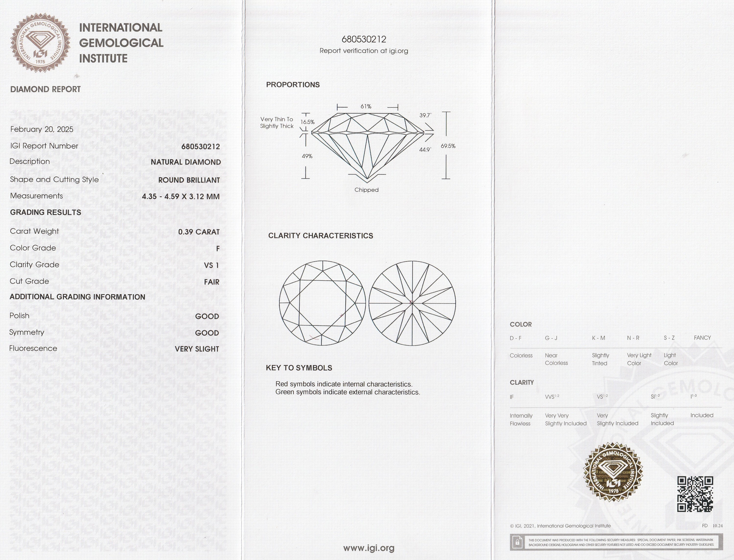 Detail a: Loser Brillant, 0.39 ct feines Weiß+(F)/vs1, eingeschweißt, mit IGI-Expertise