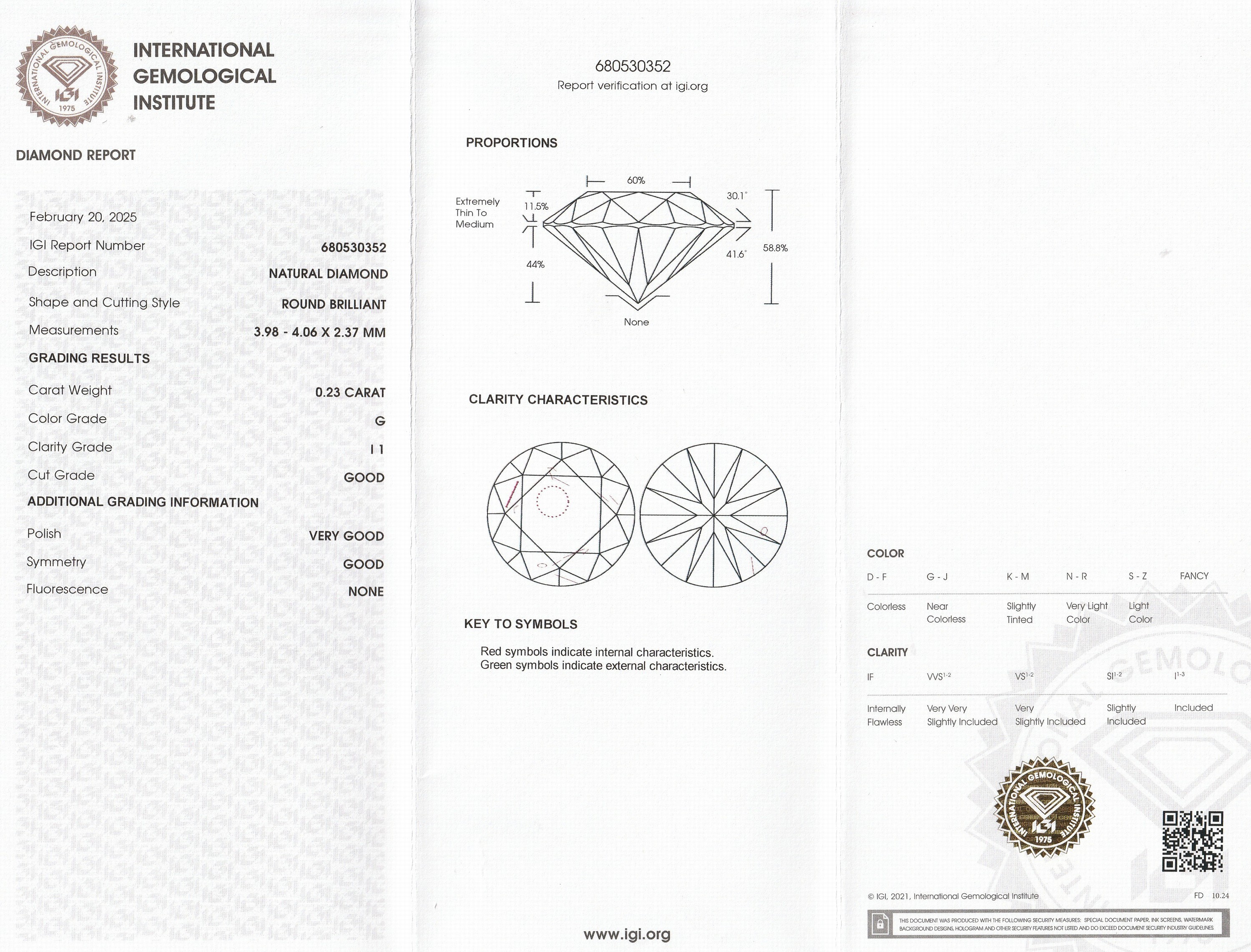 Detail a: Loser Brillant, 0.23 ct feines Weiß(G)/p1, eingeschweißt, mit IGI-Expertise