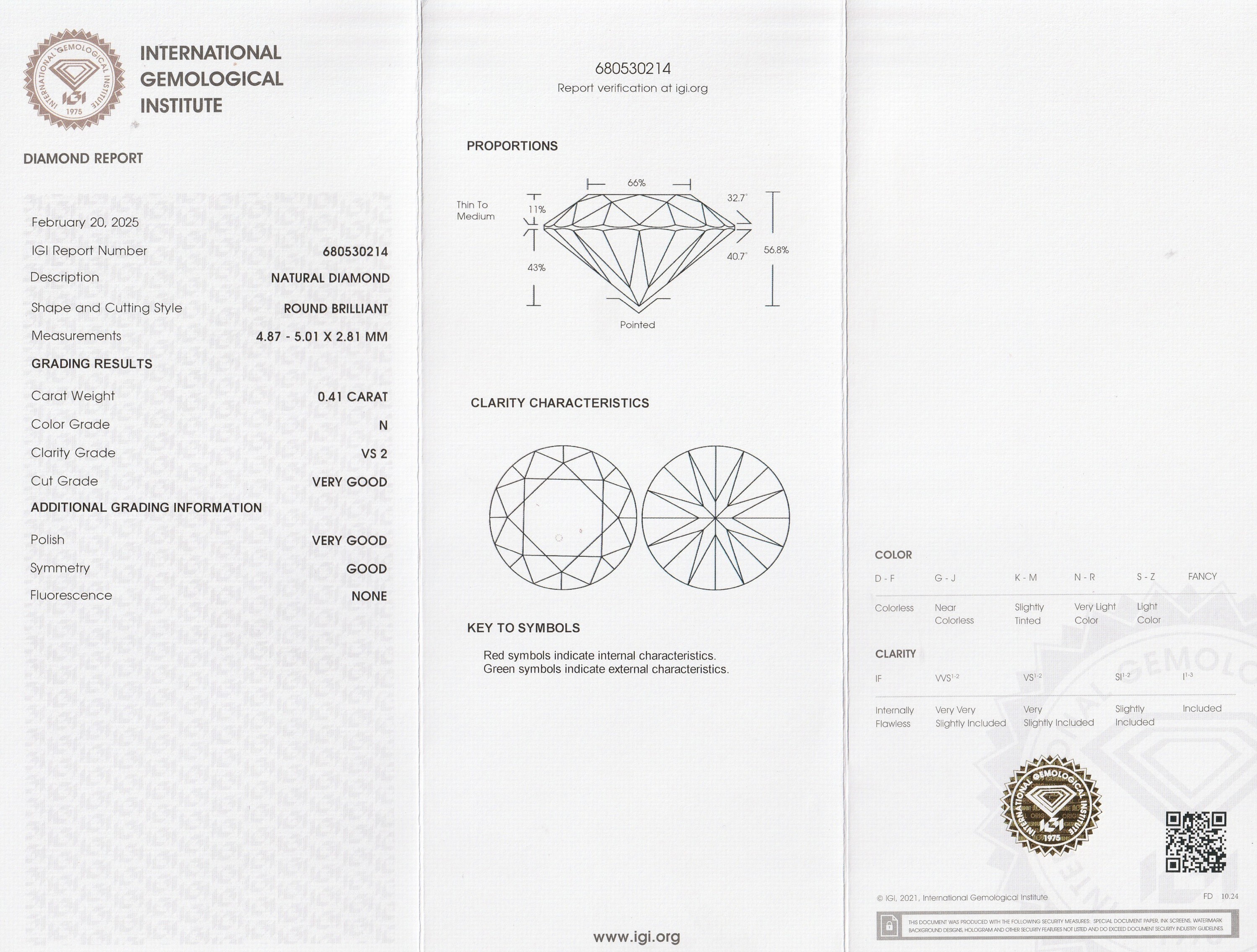 Detail a: Loser Brillant, 0.41 ct Getönt(N)/vs2, eingeschweißt, mit IGI-Expertise