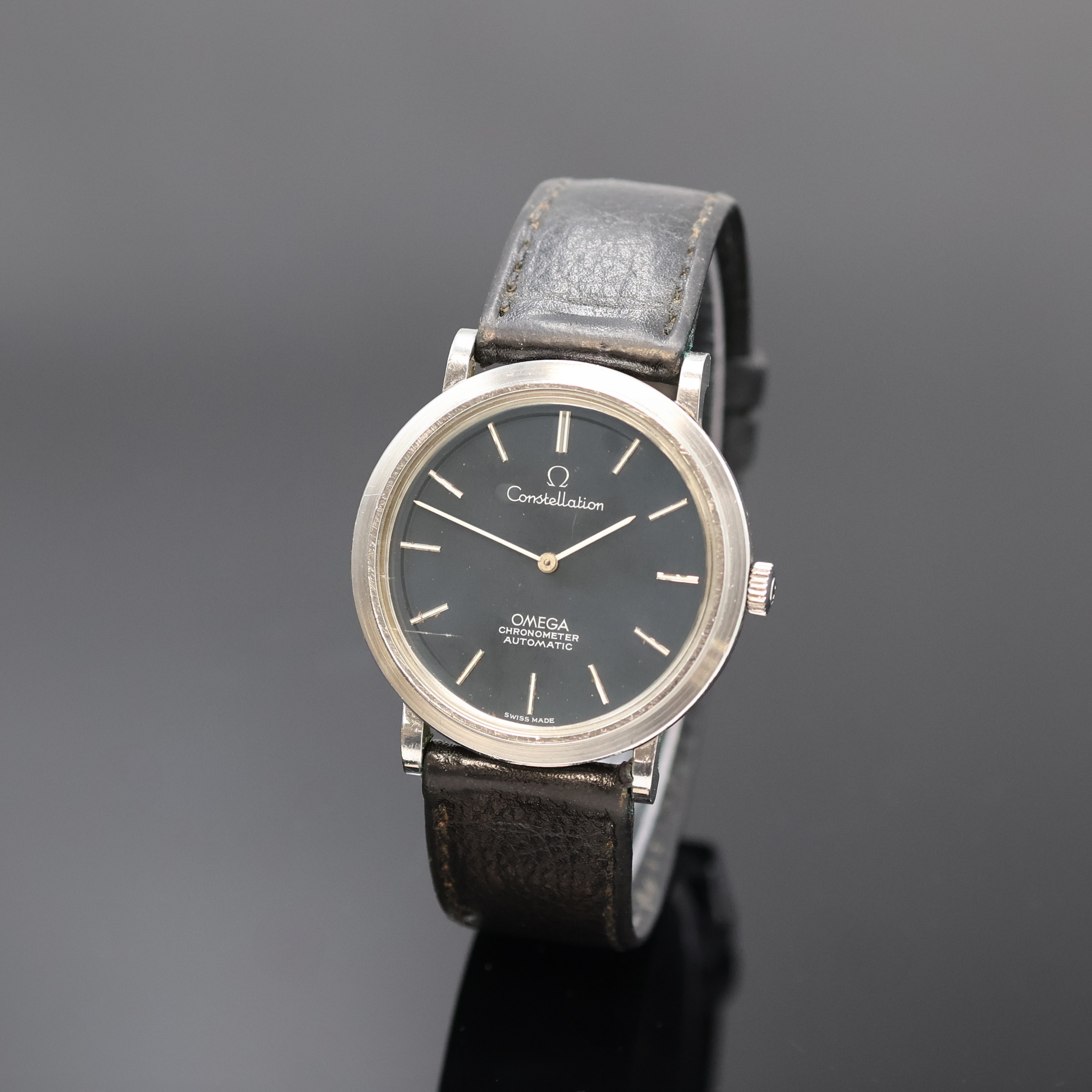 OMEGA Constellation Armbanduhr Referenz 157. 0001 in Stahl, Schweiz um 1968, Automatik, flaches, 3-tlg. Geh., Boden m. Sternwarten- Symbol u. ...