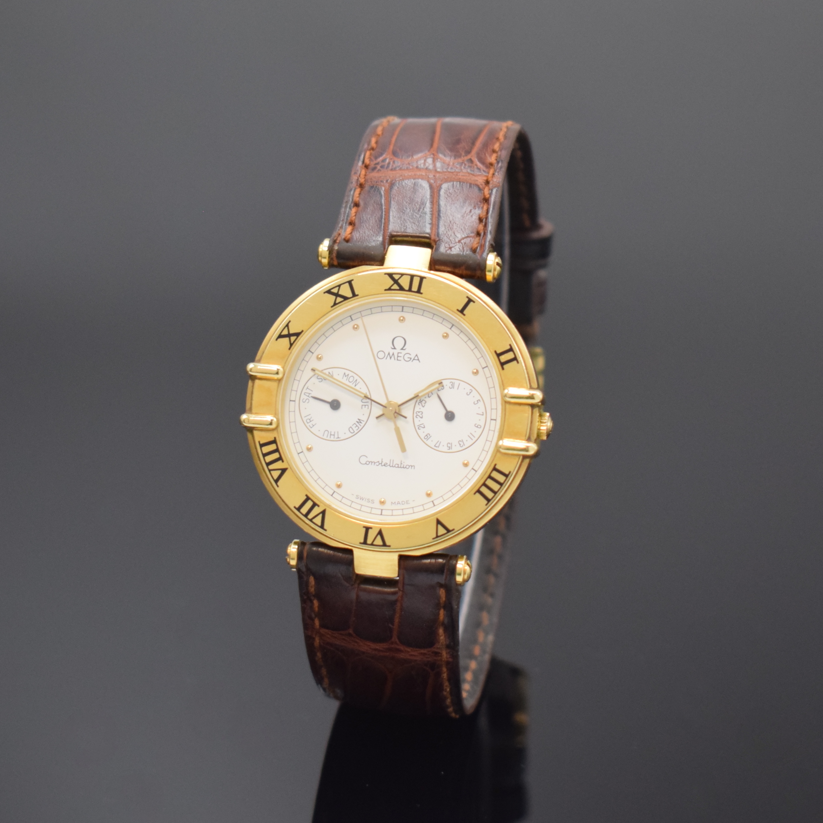 OMEGA Constellation in GG 750/000 Referenz 196.1070, Schweiz um 1990, quarz, Boden m. Darst. Sternwarte aufgedr., orig. Lederband m. Dornschl., ...